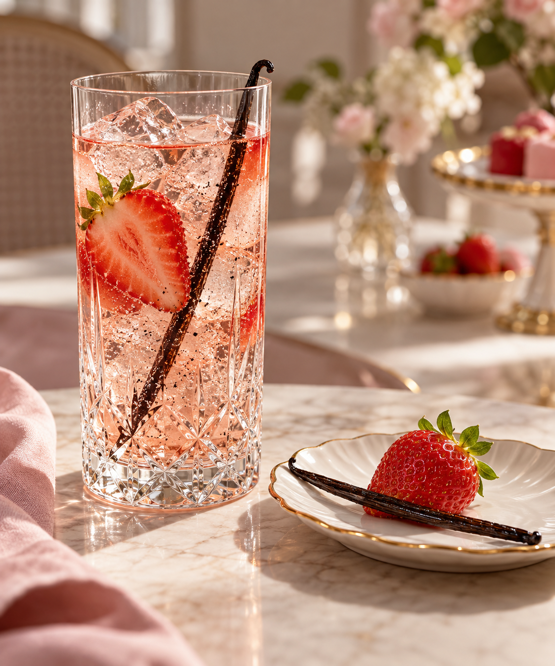 Giselle Pavlova Gin served with Thomas Henry Aromatic Tonic Water, garnished with Strawberry and Vanilla pod