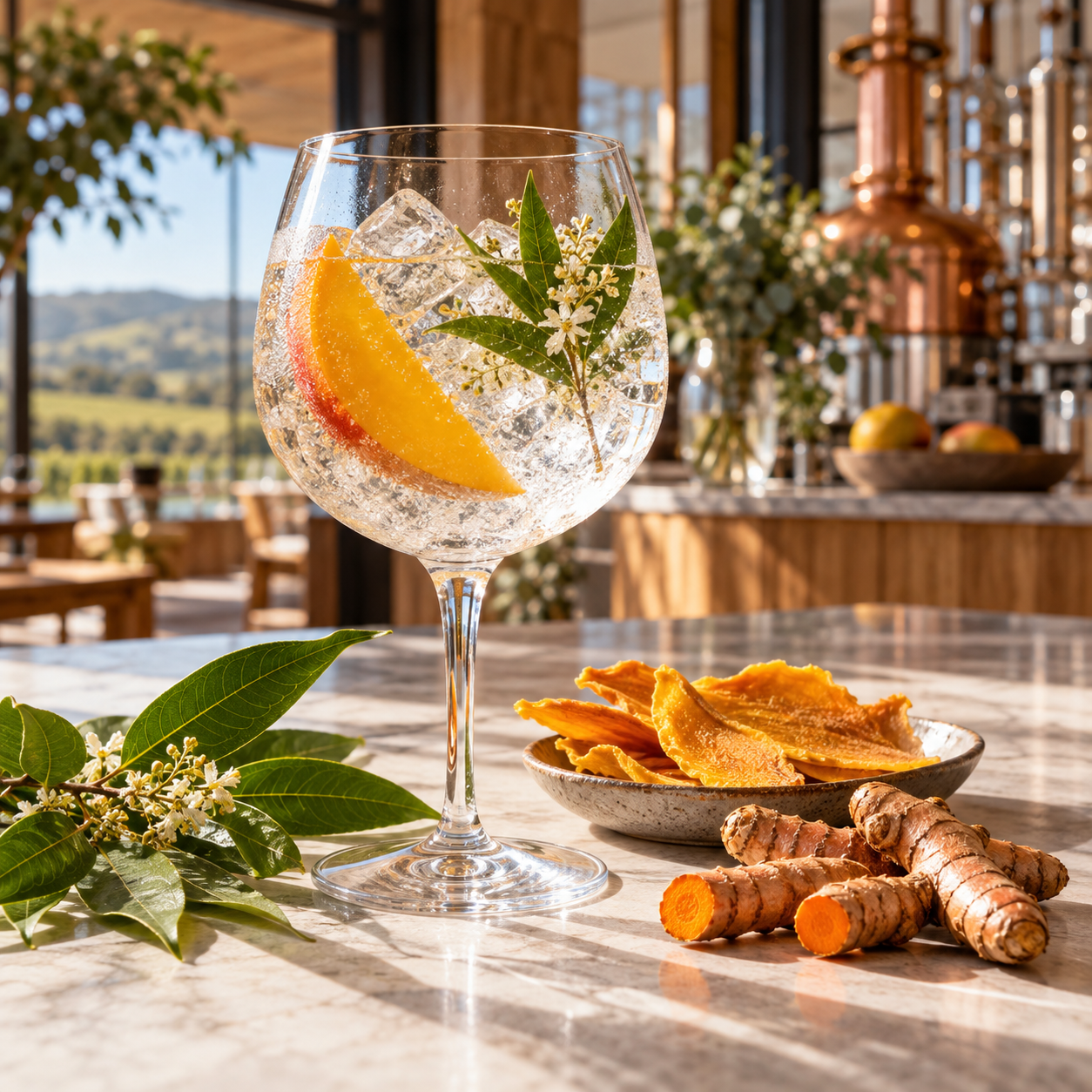 Ginny Pig Meridian Gin served with Fentimans Mediterranean Tonic Water, garnished with Dried Mango and Lemon twist
