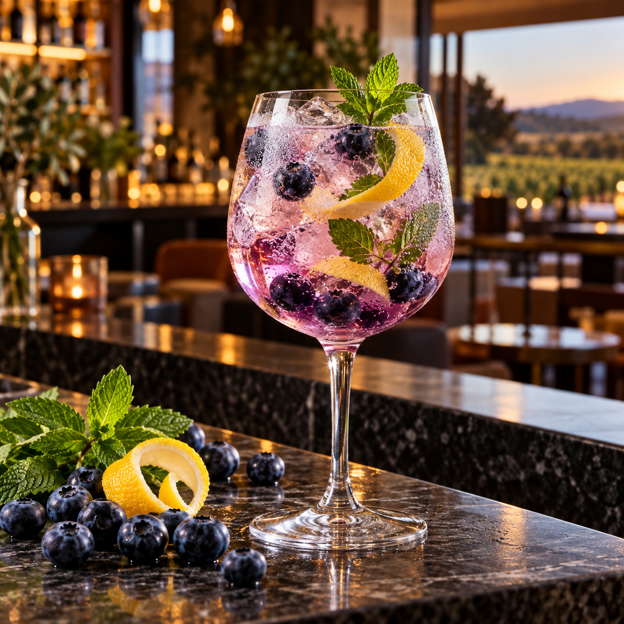 Ginny Pig Blueberry Gin served with &T Blueberry Tonic Water, garnished with Blueberries and Mint leaves
