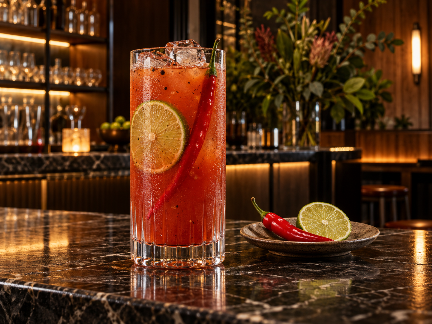 Giniversity Sriracha Gin served with Thomas Henry Dry Tonic, garnished with Chilli and Lime Wheel