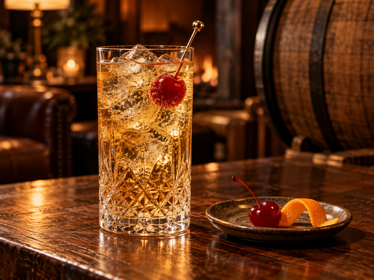 Giniversity Whisky Cask Gin served with Thomas Henry Aromatic Tonic Water, garnished with Maraschino Cherry and Orange twist