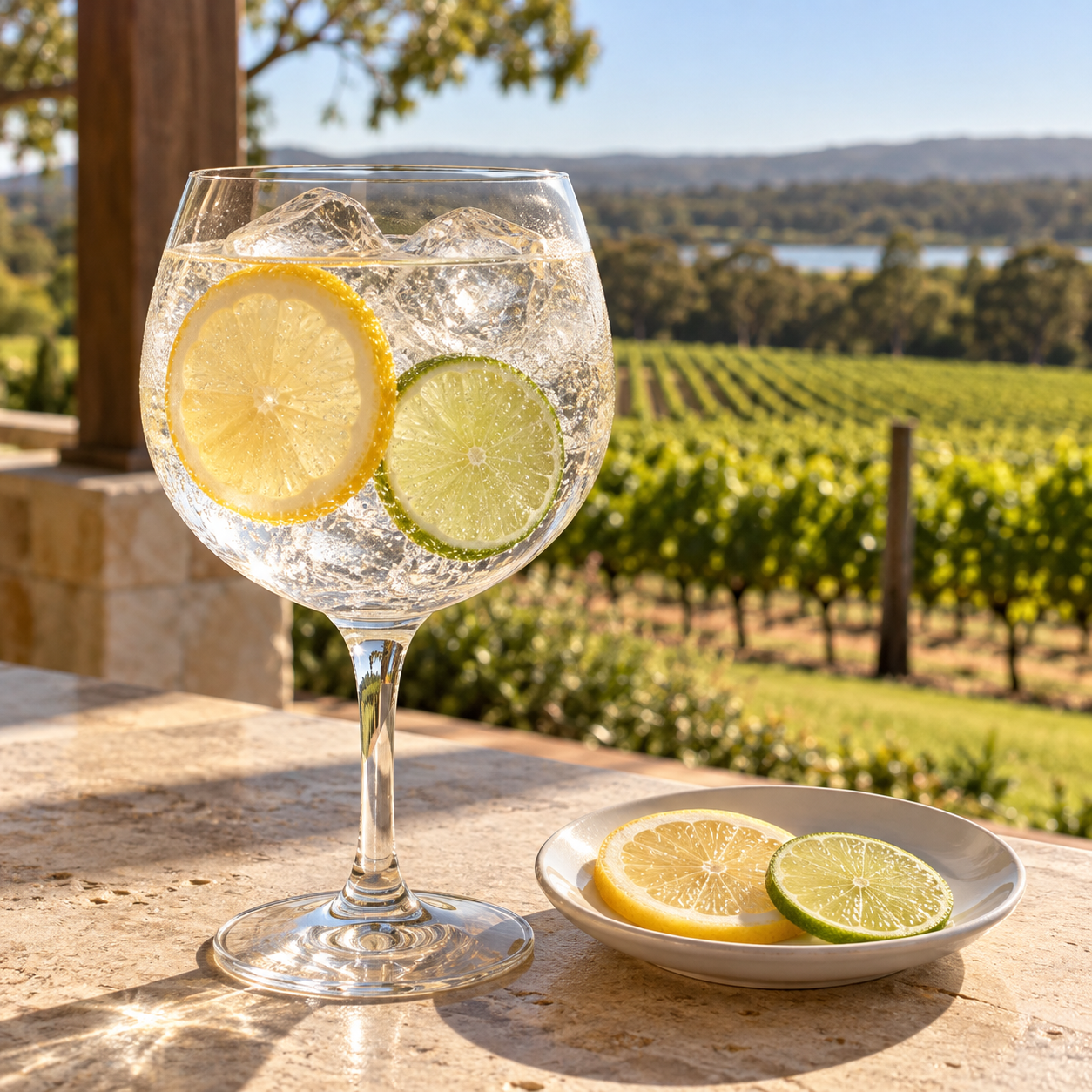 Giniversity London Dry served with Top Note Grapefruit Tonic Water, garnished with Lemon Wheel and Lime Wheel