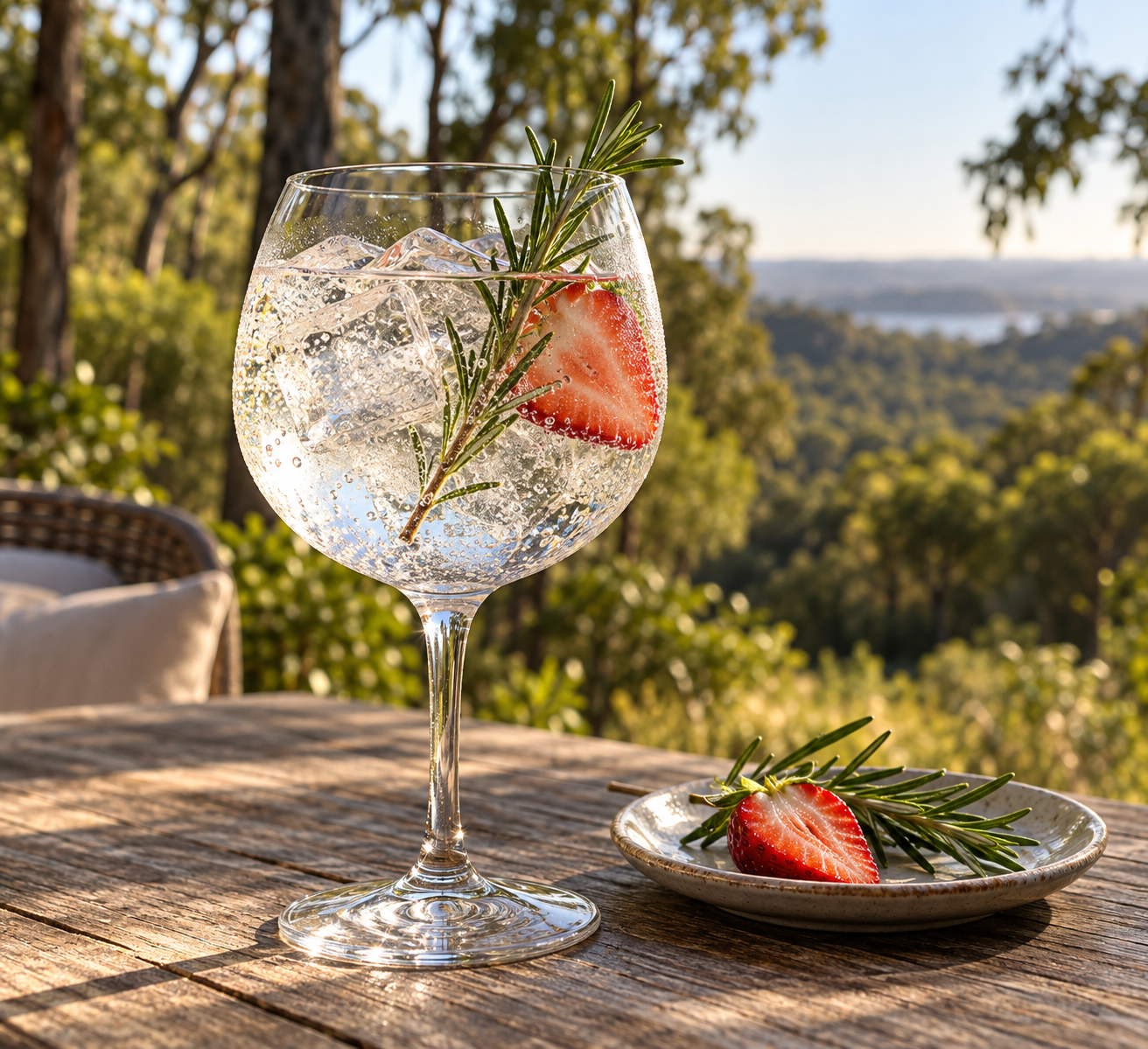 Giniversity Botanical Gin served with East Imperial Yuzu Tonic, garnished with Strawberry Slice and Rosemary Sprig