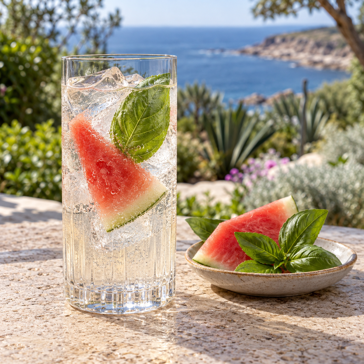 Giniversity Australian Native Gin served with Thomas Henry Grapefruit Tonic Water, garnished with Watermelon Wedge and Basil Leaf