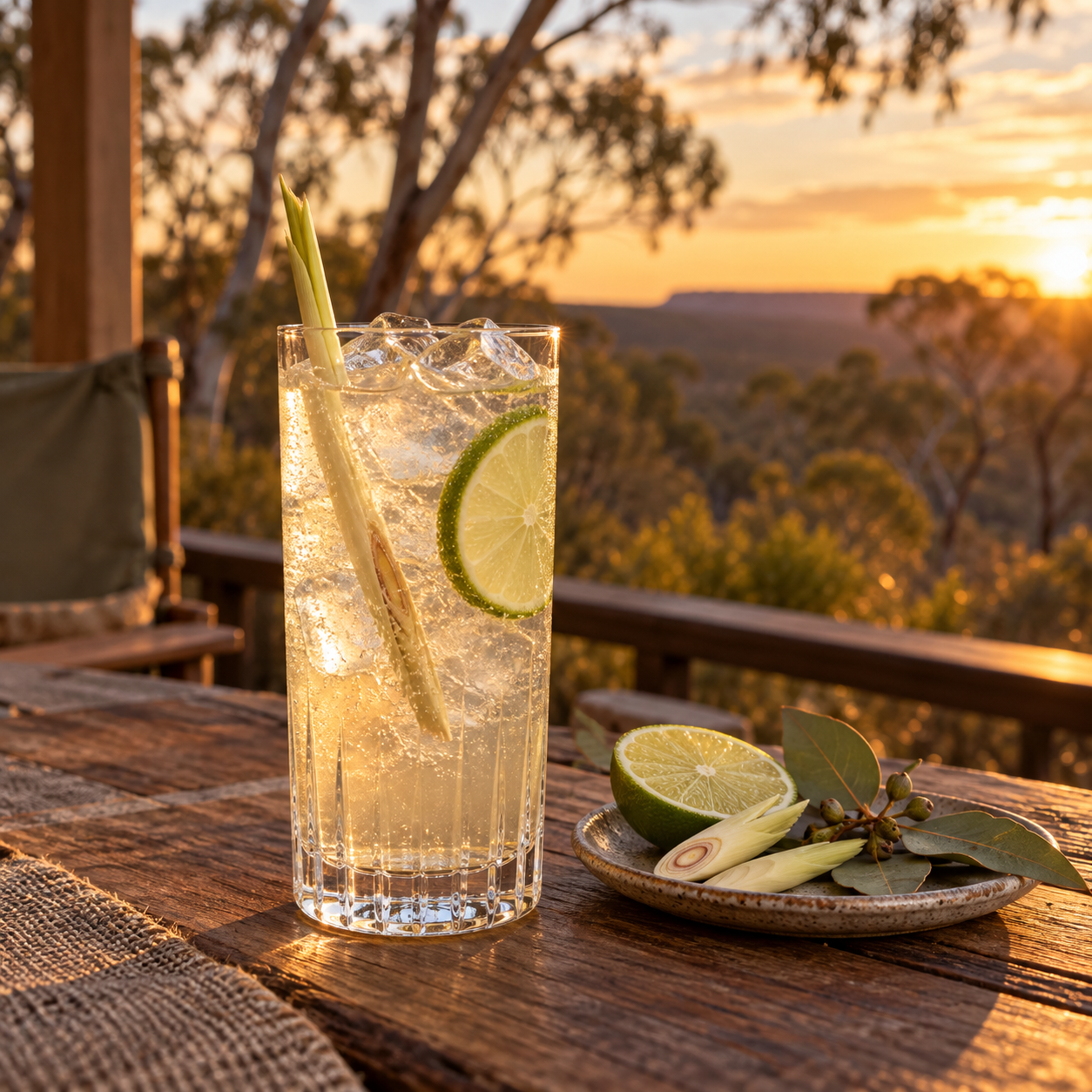 Gindu Billy Tea Gin served with Fever-Tree Ginger Ale, garnished with Lime Wheel and Native Lemongrass