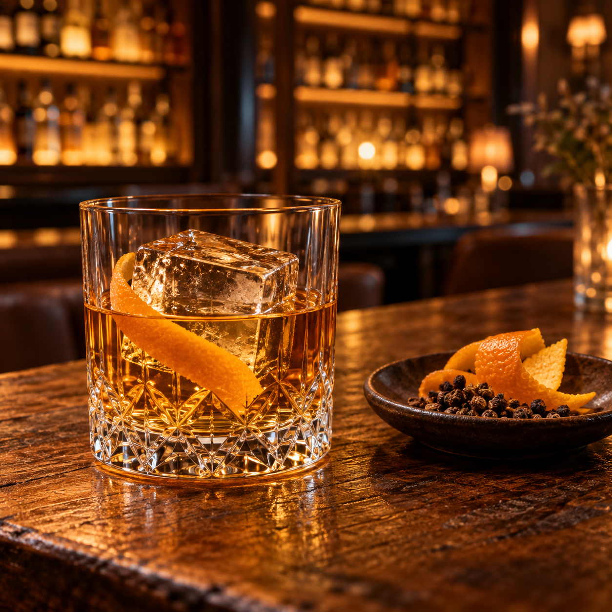 Gindu Barrel Aged Gin servi, agrémenté de zeste d'orange