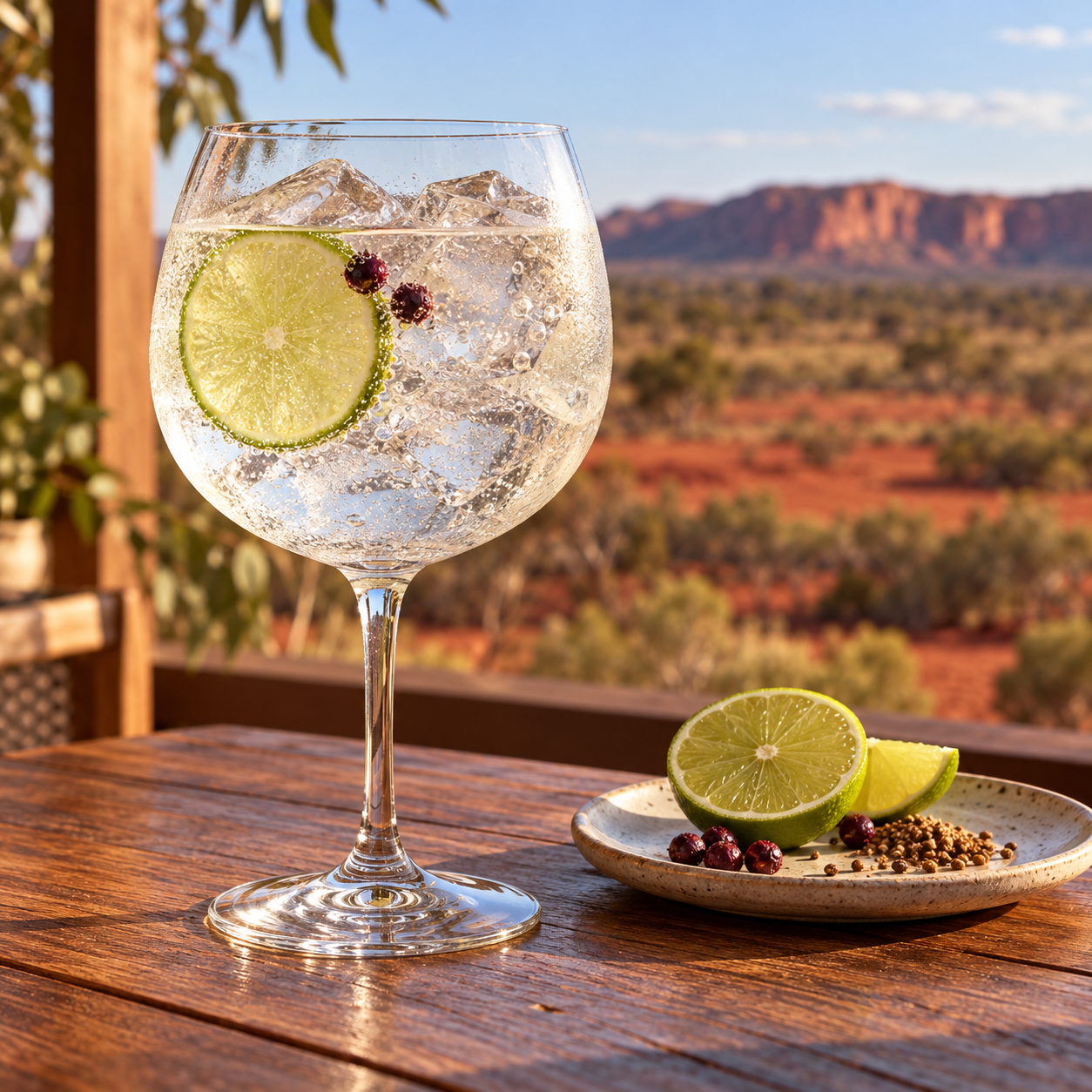 Gindu Australian Dry Gin served with Fever-Tree Indian Tonic Water, garnished with Lime Wheel and Pepperberries