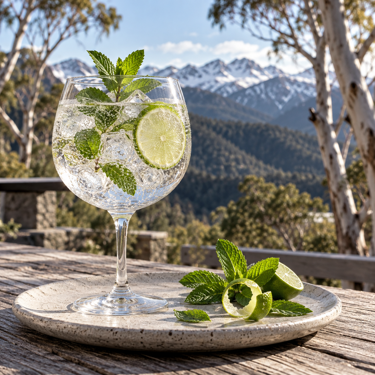 Gindu Alpine Gin served with Fever-Tree Indian Tonic Water, garnished with Alpine Mint and Lime Wheel