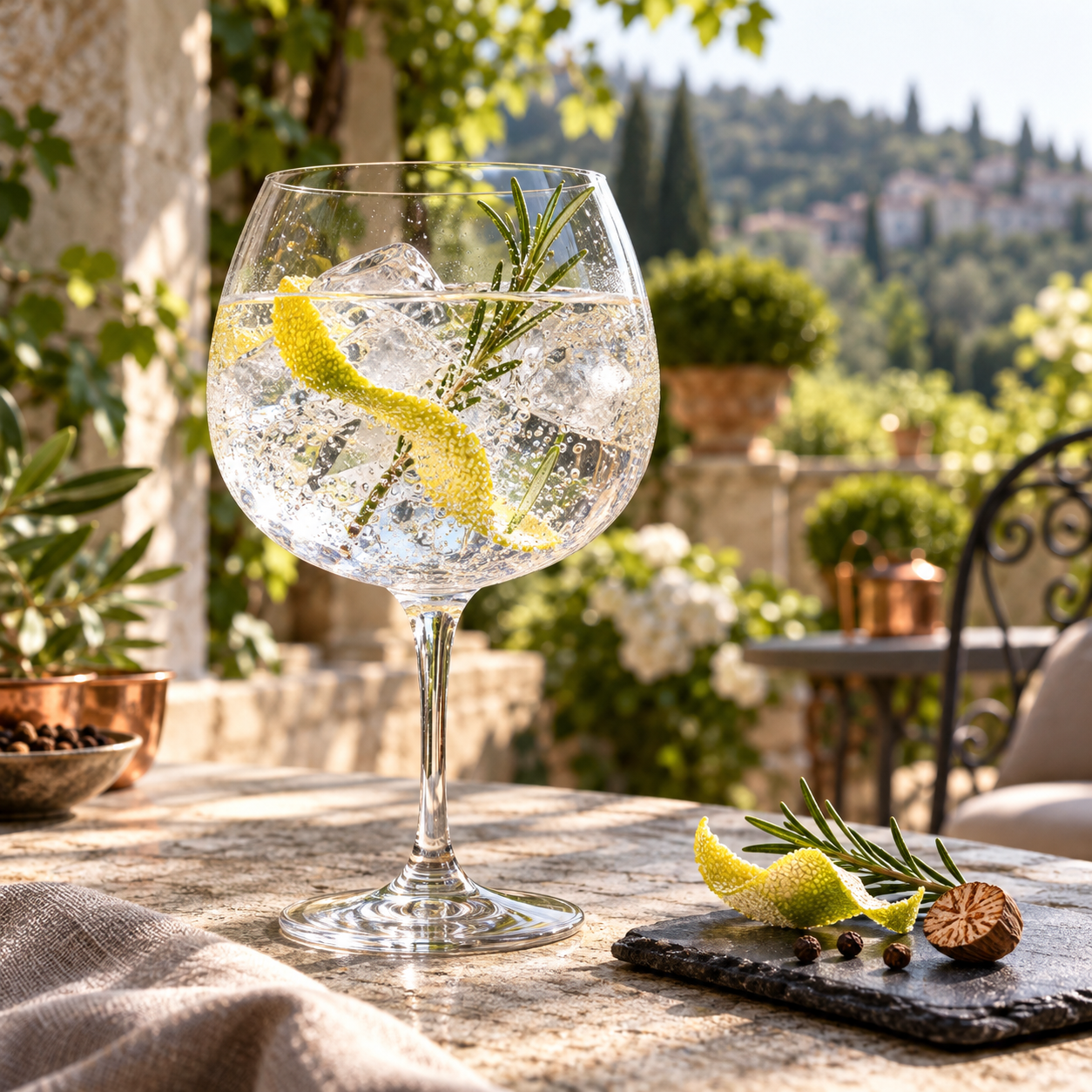 Gin Sainte Barbe served with Schweppes Dry Tonic, garnished with Bergamot peel and Rosemary