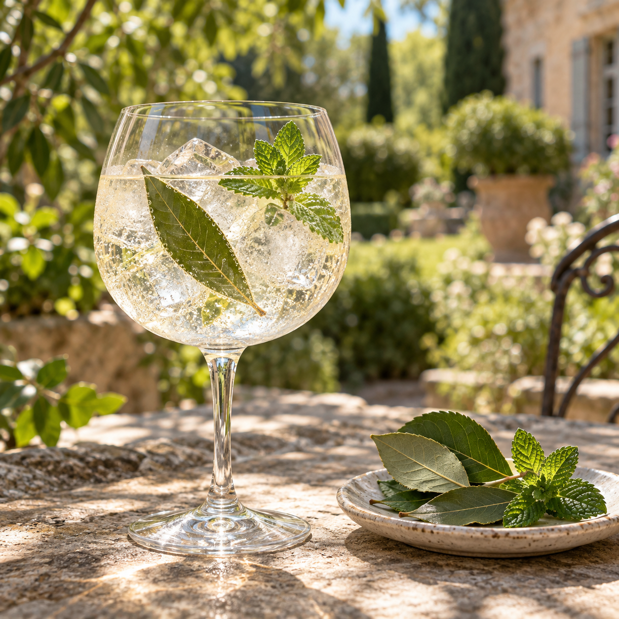 Gin Foliaris Botanica served with Schweppes Dry Tonic, garnished with Cucumber Ribbon and Mint Leaf