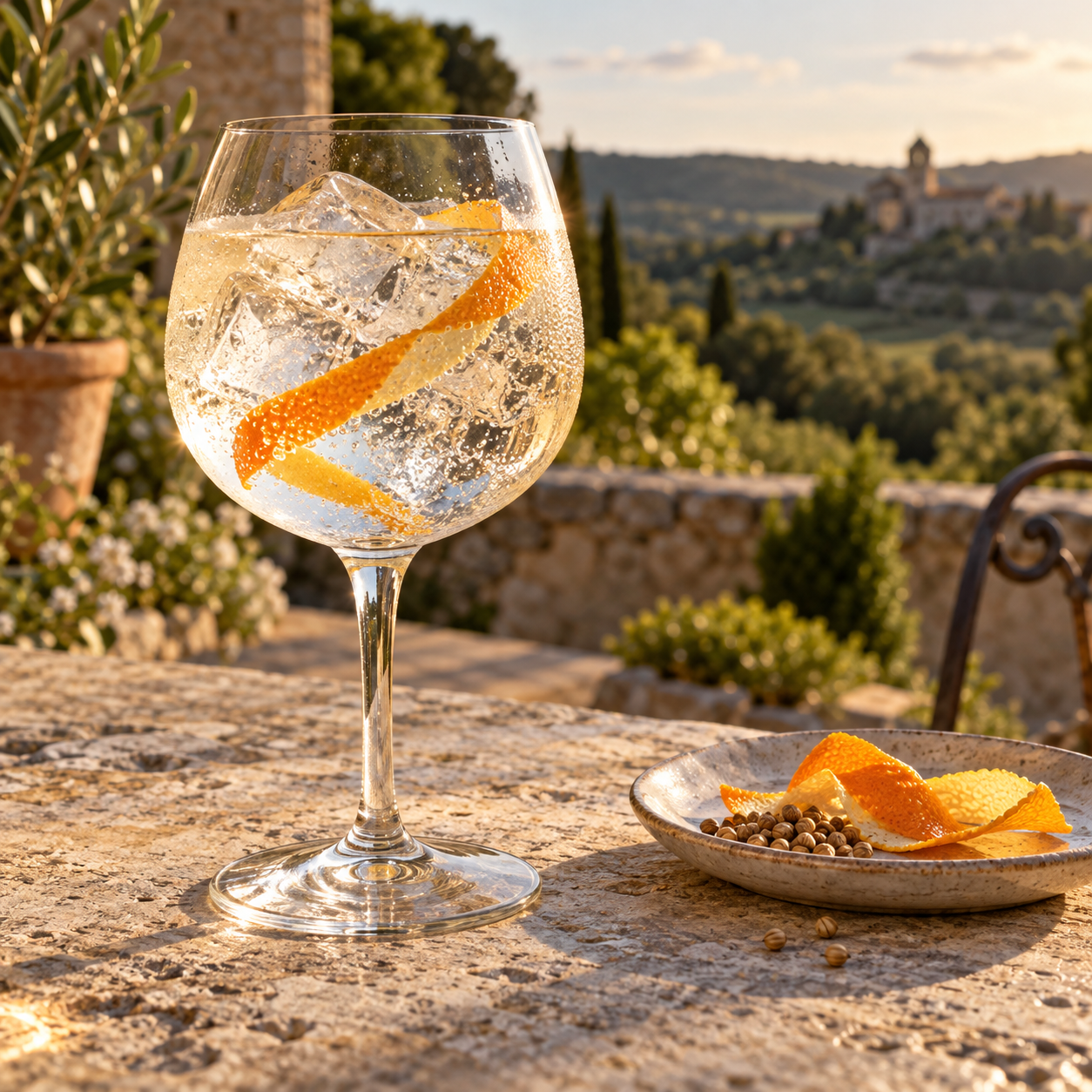 Gin Félicia served with Fever-Tree Indian Tonic Water, garnished with Bitter orange peel