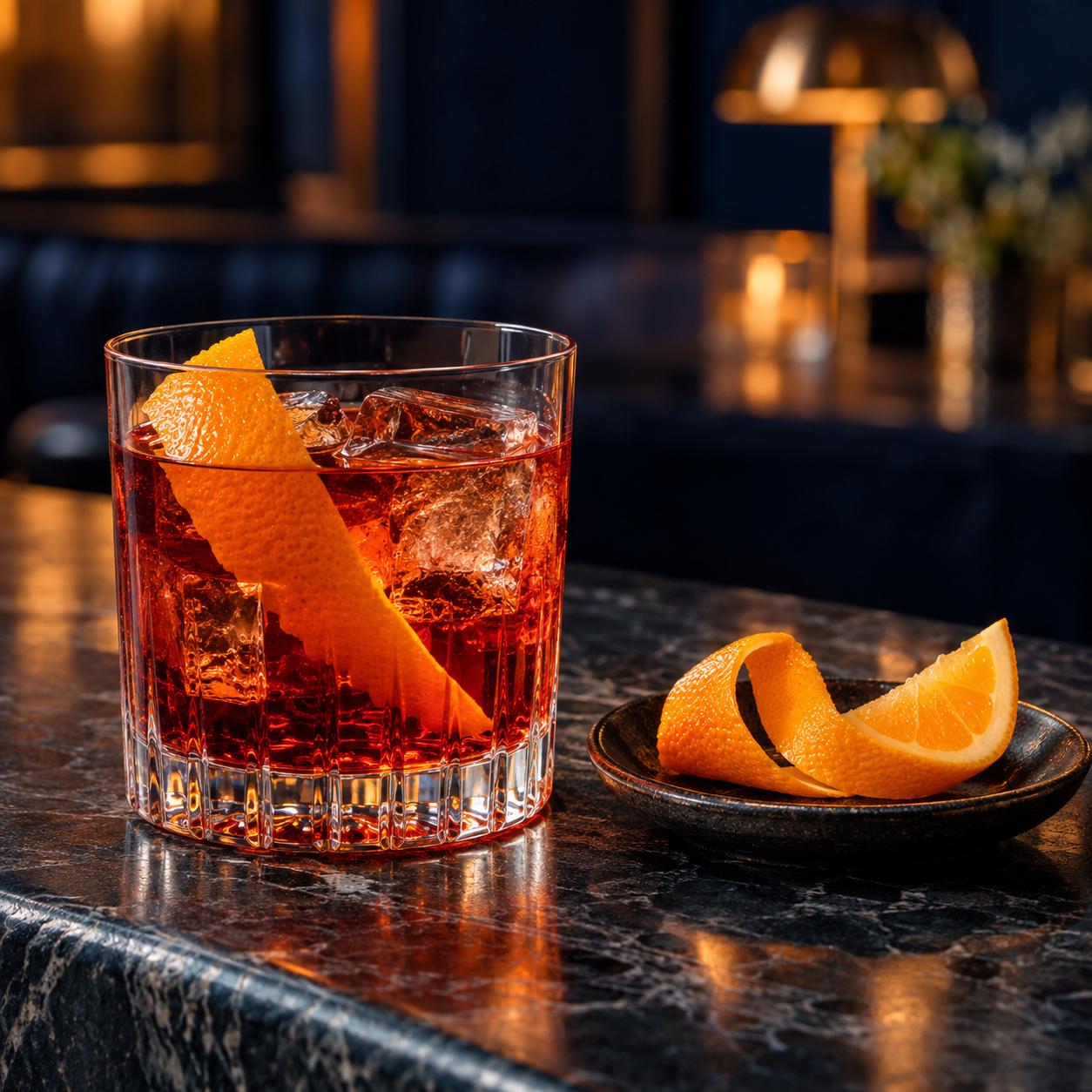 Frankie Cadillac Gin served, garnished with Orange Peel and Orange Wedge