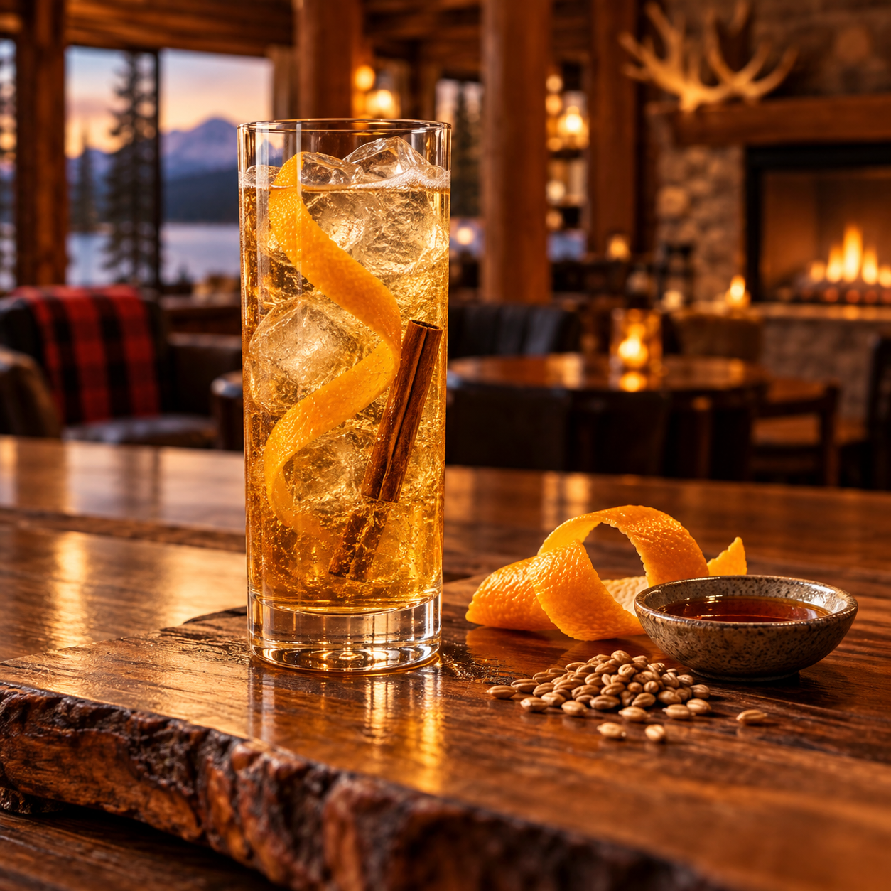 Finders Rye Maple Barrel Aged Gin servi, agrémenté de zeste d'orange et bâton de cannelle