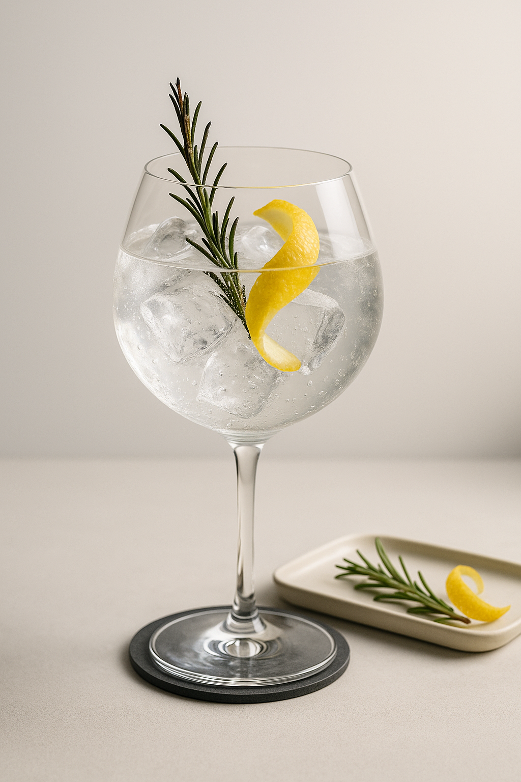 Agapé Garrigue served with Fever-Tree Mediterranean Tonic Water, garnished with Lightly singed rosemary sprig and Thin slice of lemon zest