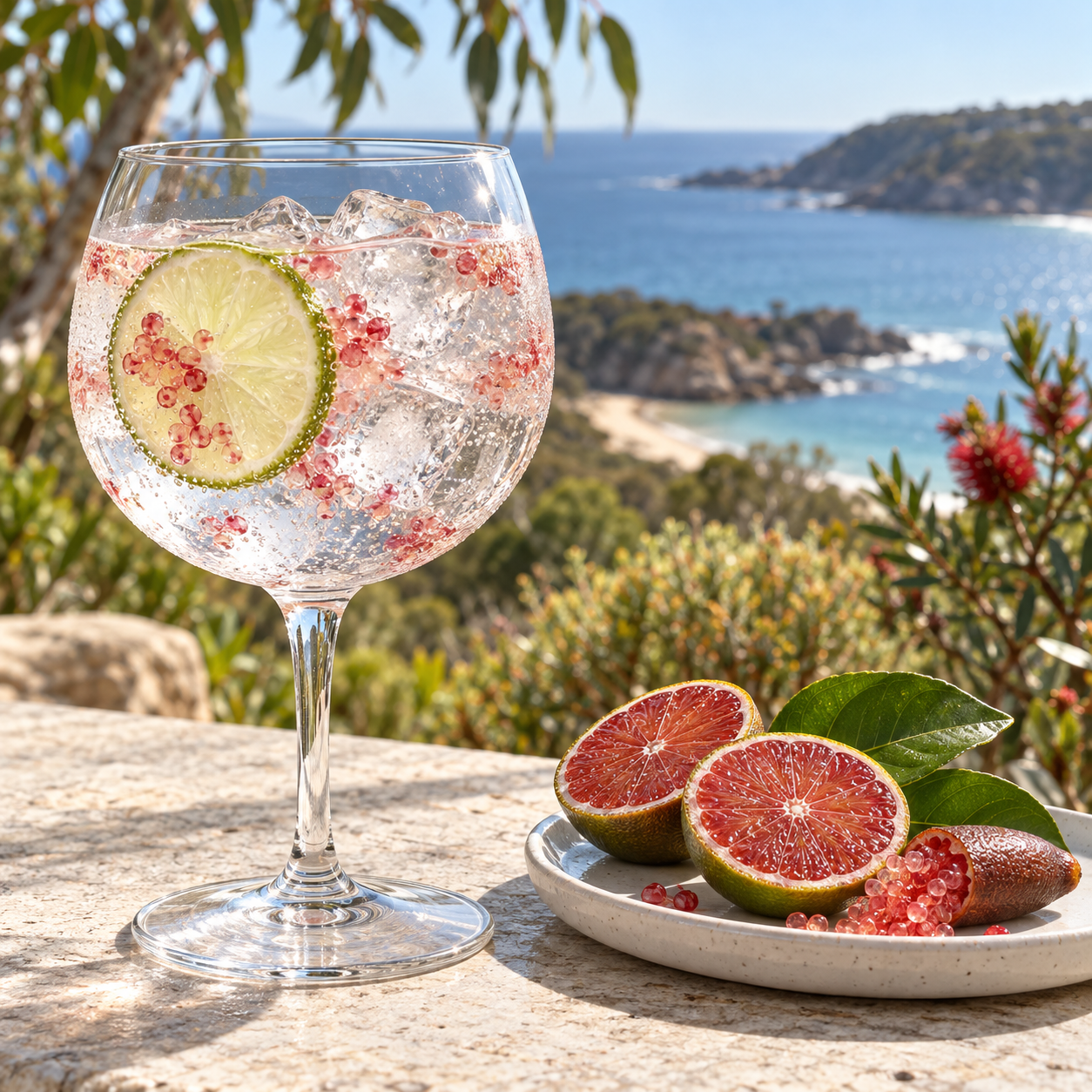 Finders Native Red Lime Gin served with Double Dutch Yuzu Lemongrass Tonic, garnished with Red Finger Lime Pearls and Tahitian Lime Wheel