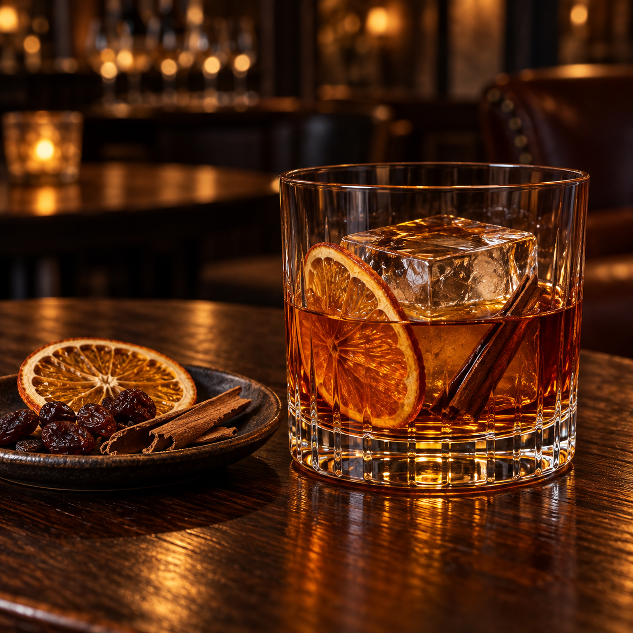 Finders Oloroso Sherry Barrel Aged Gin served, garnished with Dried Orange and Raisins