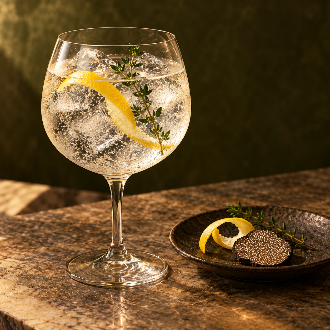 Earp Truffle Gin served with Fentimans Traditional Tonic Water, garnished with Lemon Peel and Black Truffle Shaving