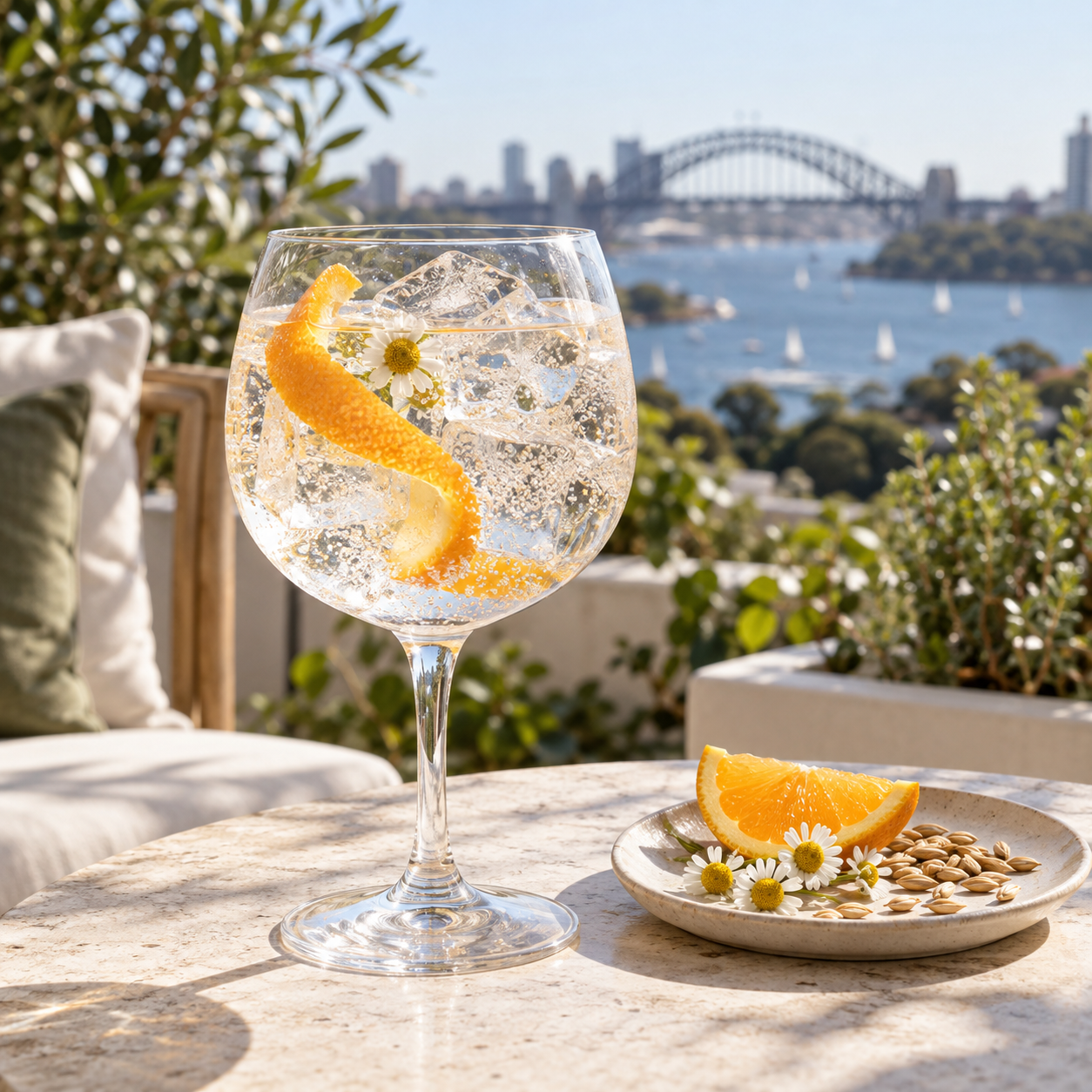 Finders Australian Dry Gin served with Franklin & Sons Premium Indian Tonic Water, garnished with Orange Peel and Chamomile Flower