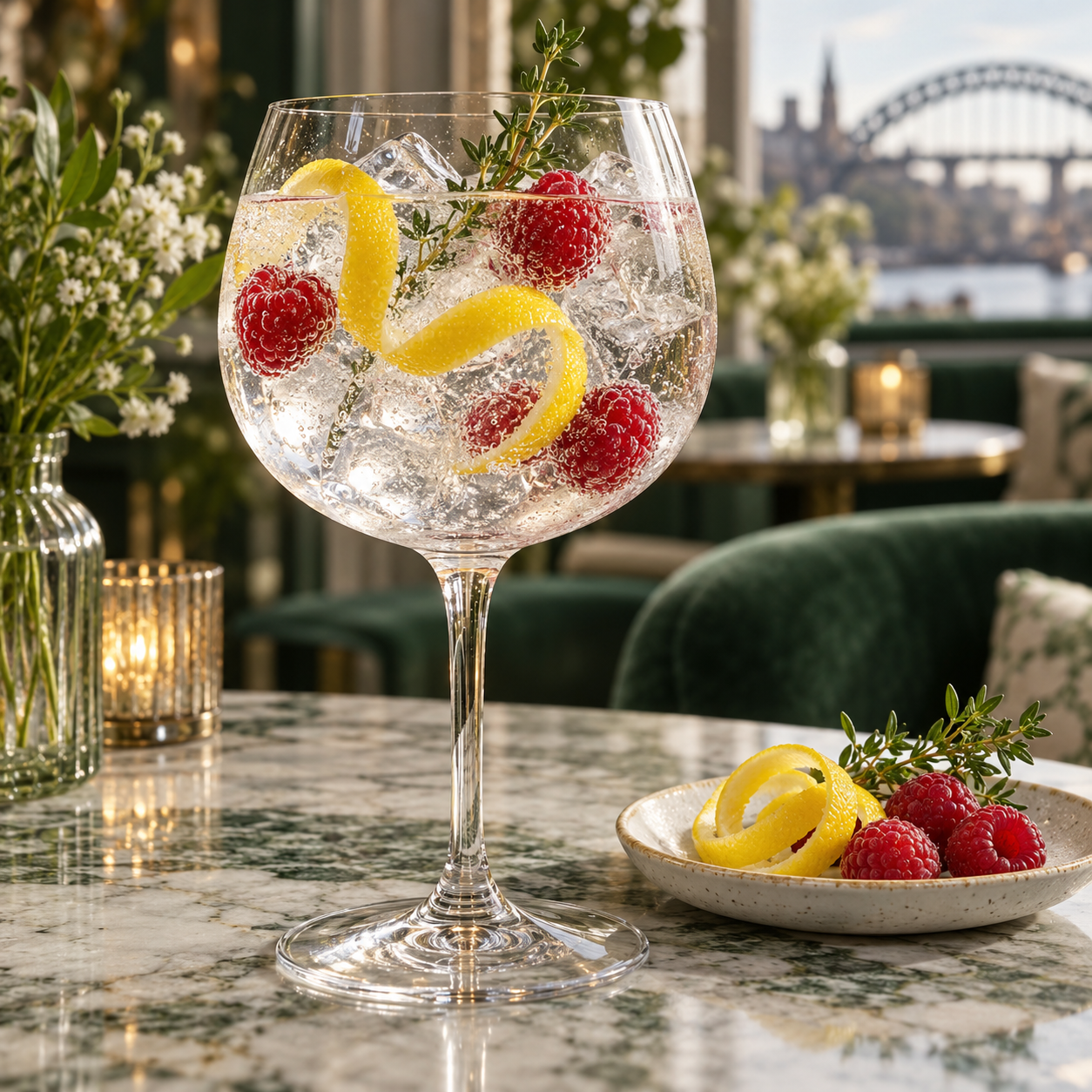Earp No 8 Dry Gin served with The London Essence Company Classic Tonic Water, garnished with Lemon twist and Raspberry