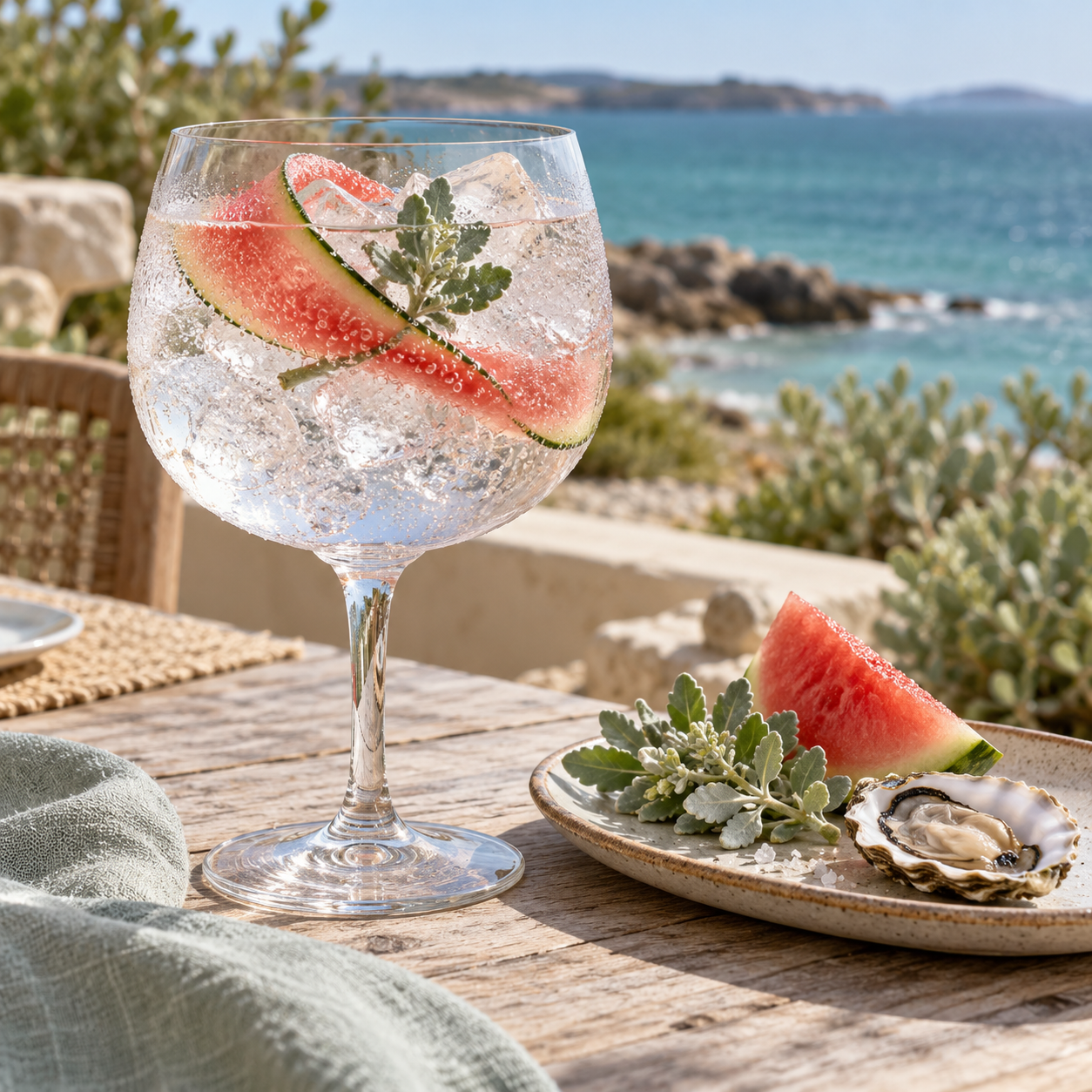 Earp Dawson's Oyster Gin served with Le Tribute Tonic Water, garnished with Watermelon Wedge and Oyster Shell