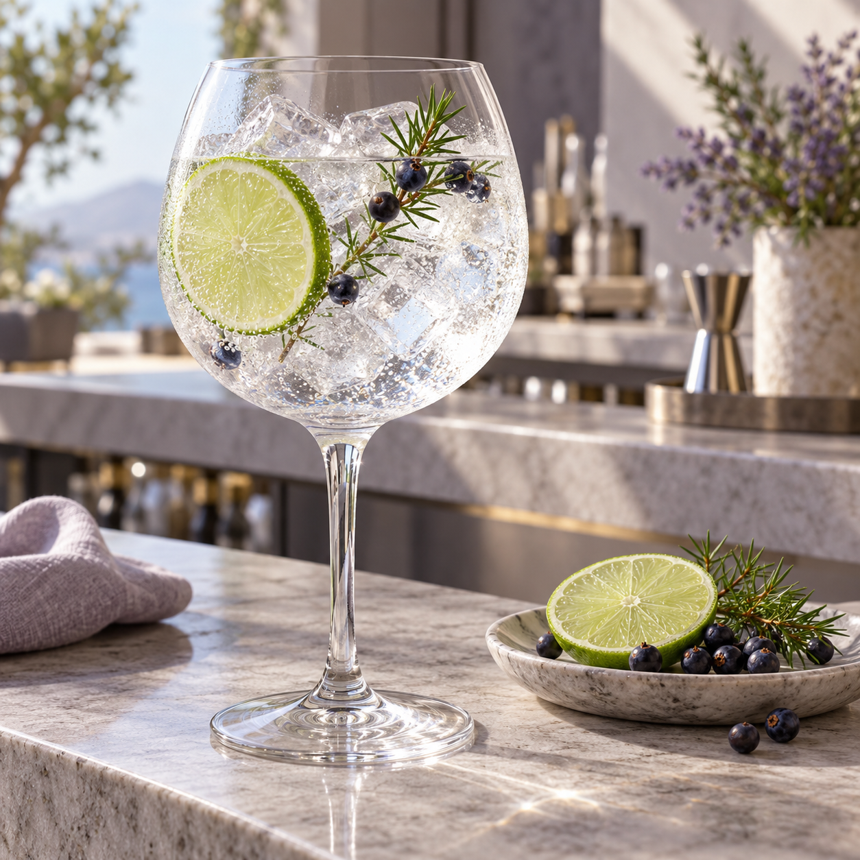 Earp Just Juniper Gin served with East Imperial Old World Tonic Water, garnished with Lime Wheel and Juniper Sprig