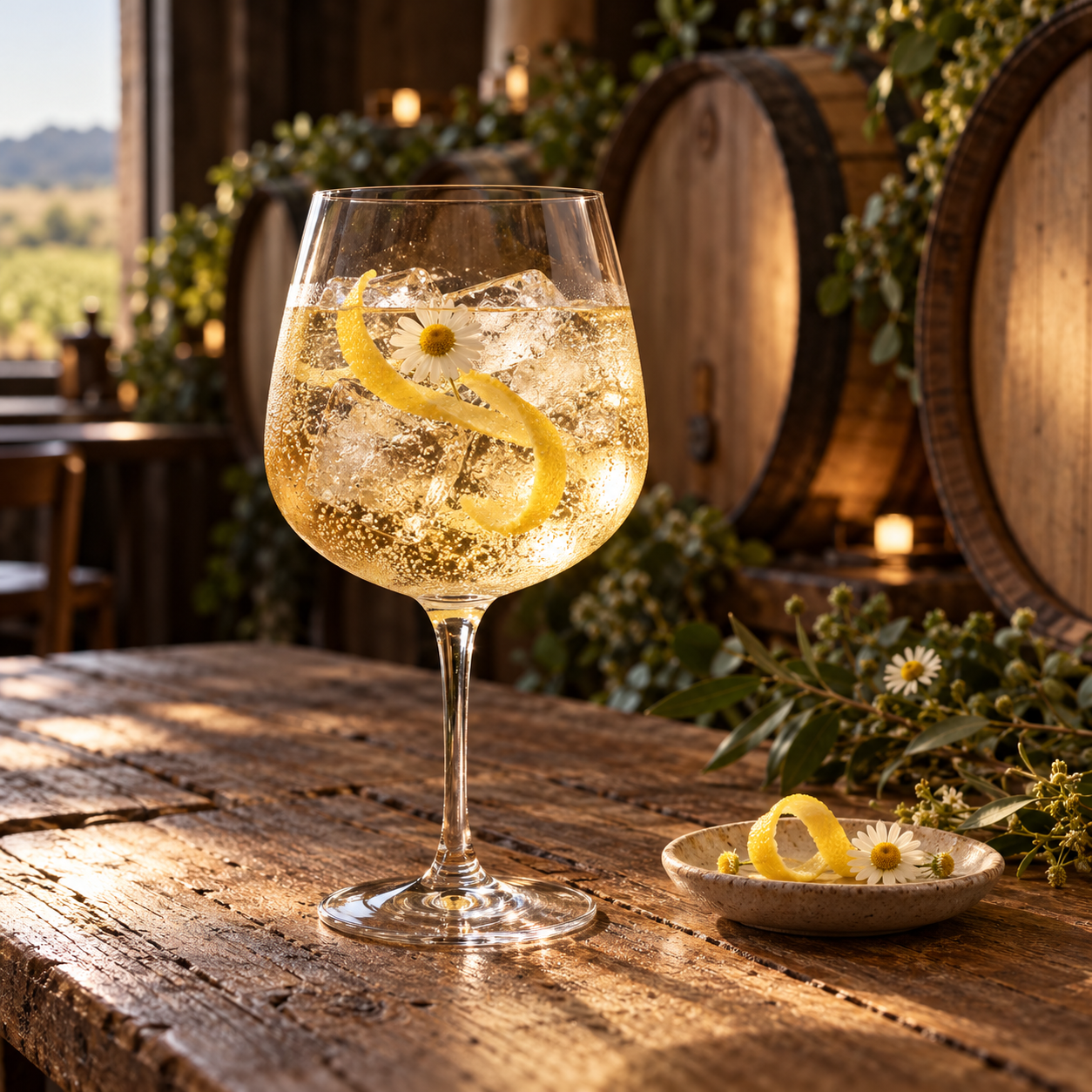Earp Barrel Aged No 8 Gin served with Fever-Tree Elderflower Tonic Water, garnished with Grapefruit Peel and Chamomile Flower