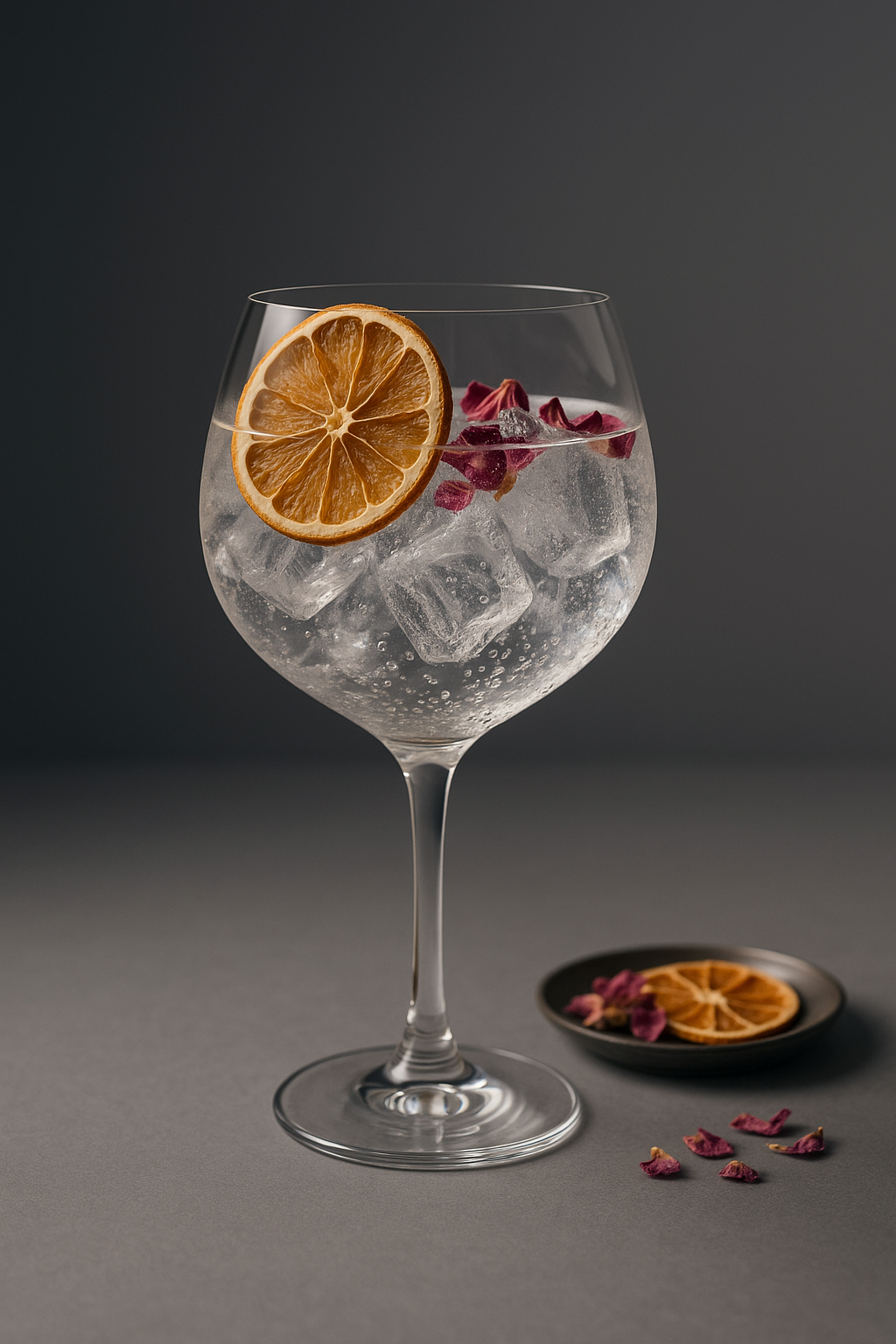Amo.te Dry Gin served with 1724 Tonic Water, garnished with dehydrated orange wheel and dried rose petals