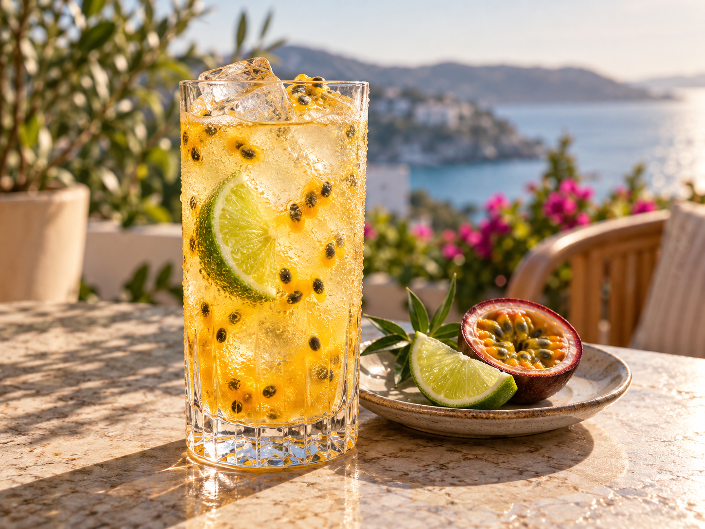 Brogan's Way Pashlova Gin served with Long Rays Pacific Tonic, garnished with Lime Wheel and Passion Fruit