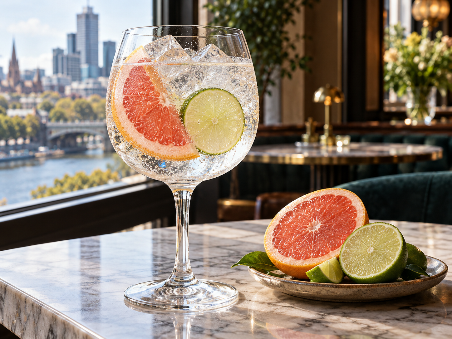Brogan's Way Mother's Way Gin served with Fentimans Pink Grapefruit Tonic Water, garnished with Pink Grapefruit Twist and Lime Wheel