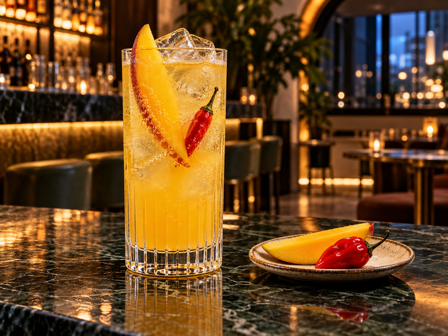Brogan's Way Mango & Habanero Gin served with Thomas Henry Pink Grapefruit, garnished with Mango Slice and Habanero Chilli