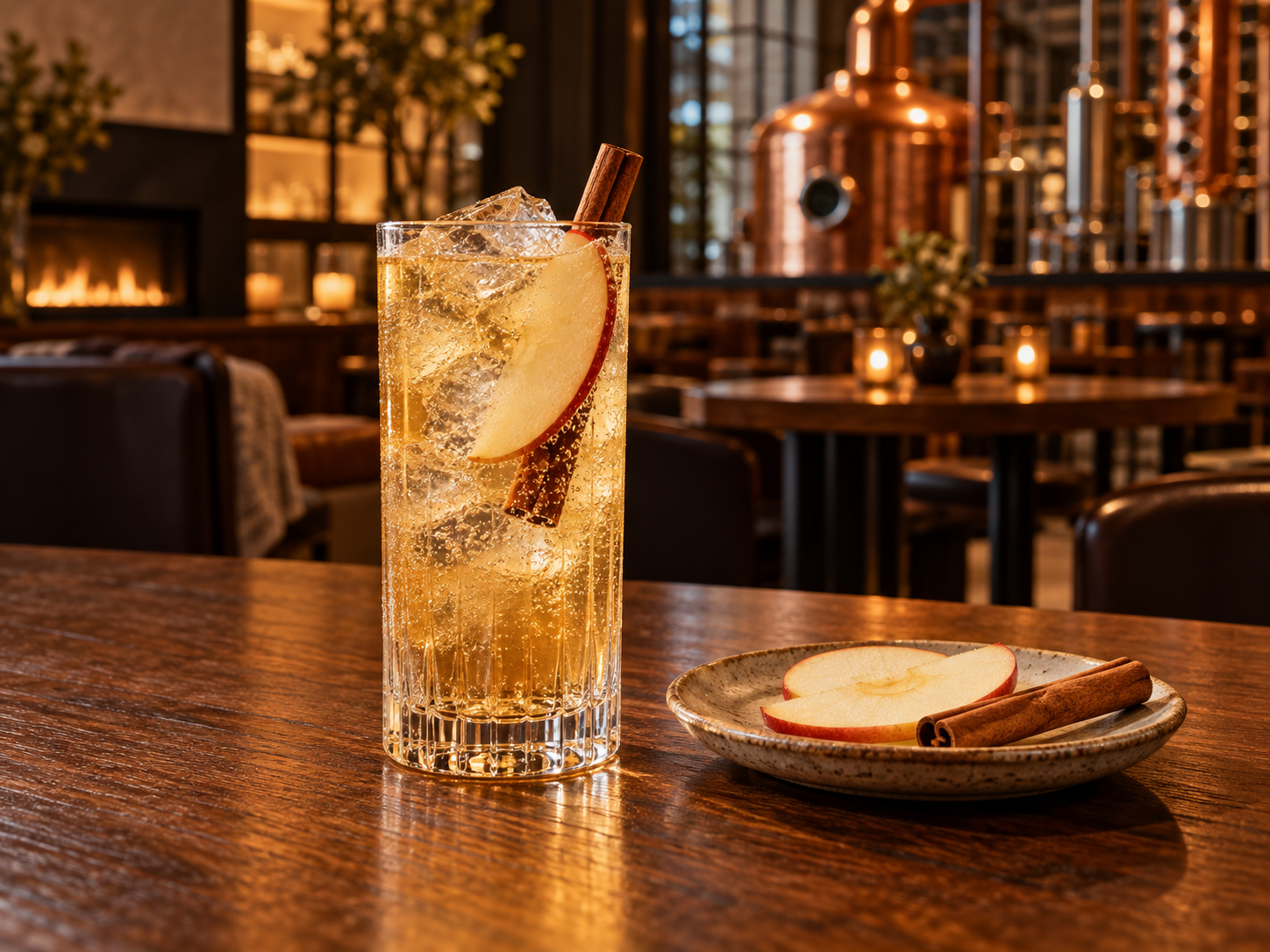 Brogan's Way Barrel Aged Spiced Gin servi avec Thomas Henry Aromatic Tonic Water, agrémenté de tranche de pomme et bâton de cannelle