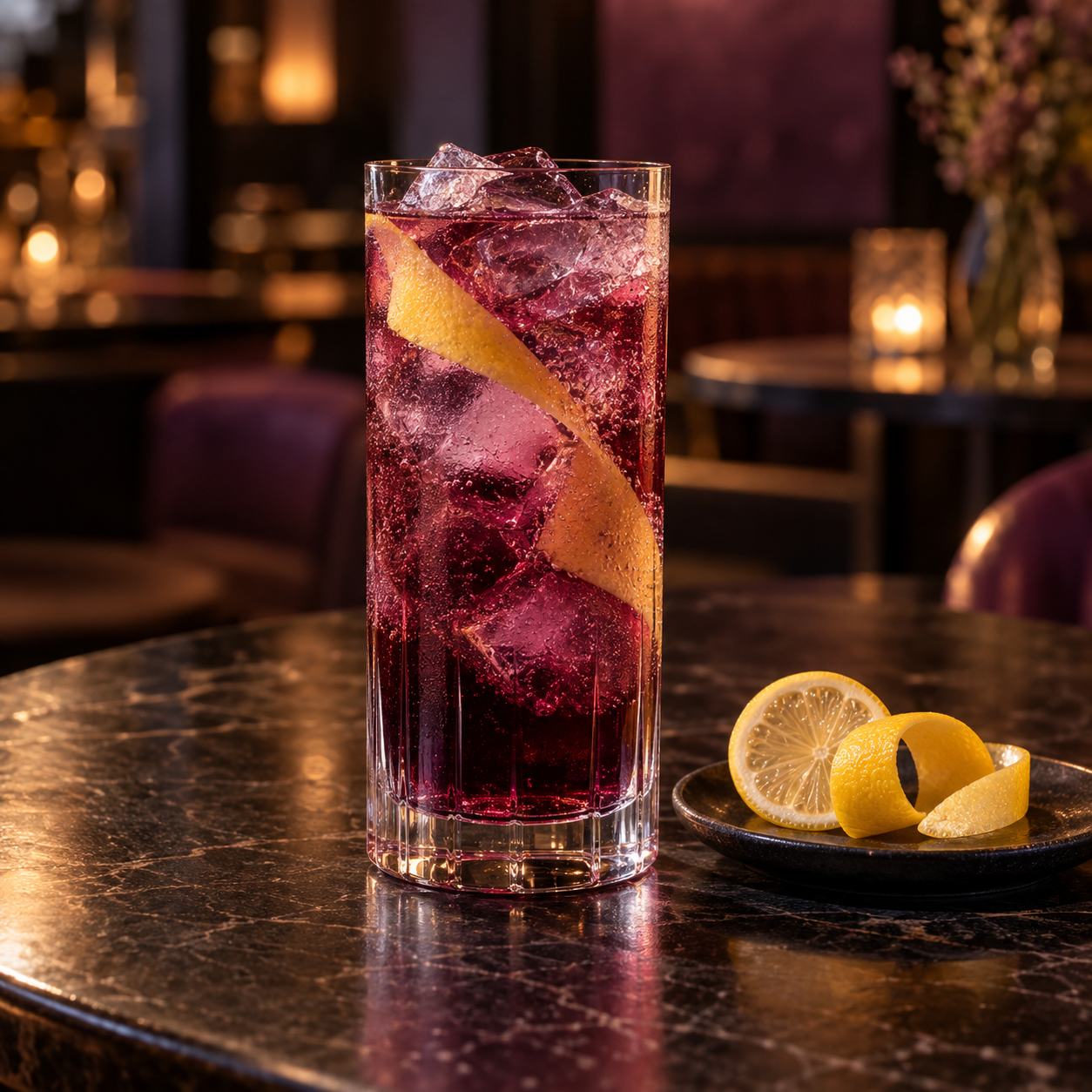 Big River Syrah Gin servi avec Thomas Henry Bitter Lemon, agrémenté de zeste de citron et rondelle de citron