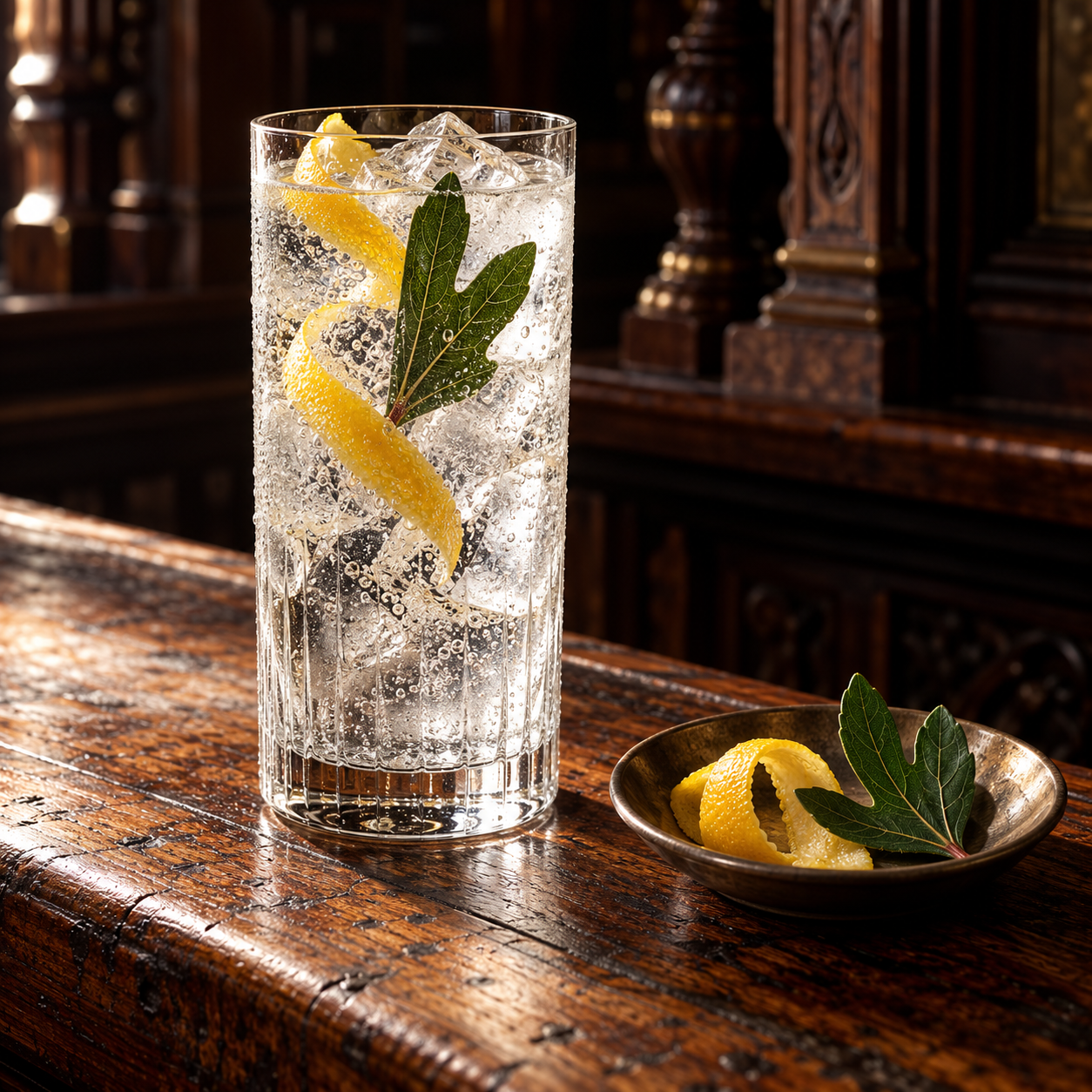 Big Tree Claude Navy Strength Gin served with Thomas Henry Dry Tonic, garnished with Lemon Wheel and Juniper Berries