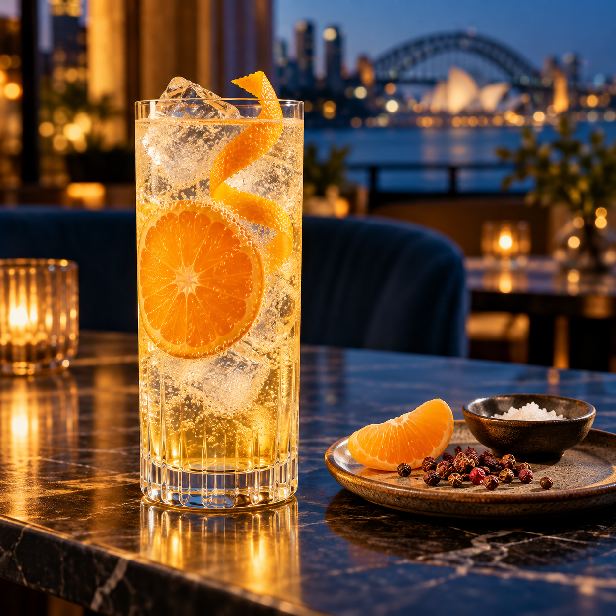 Big River Mandarin Gin served with Fever-Tree Indian Tonic Water, garnished with Mandarin Wheel and Sichuan peppercorns