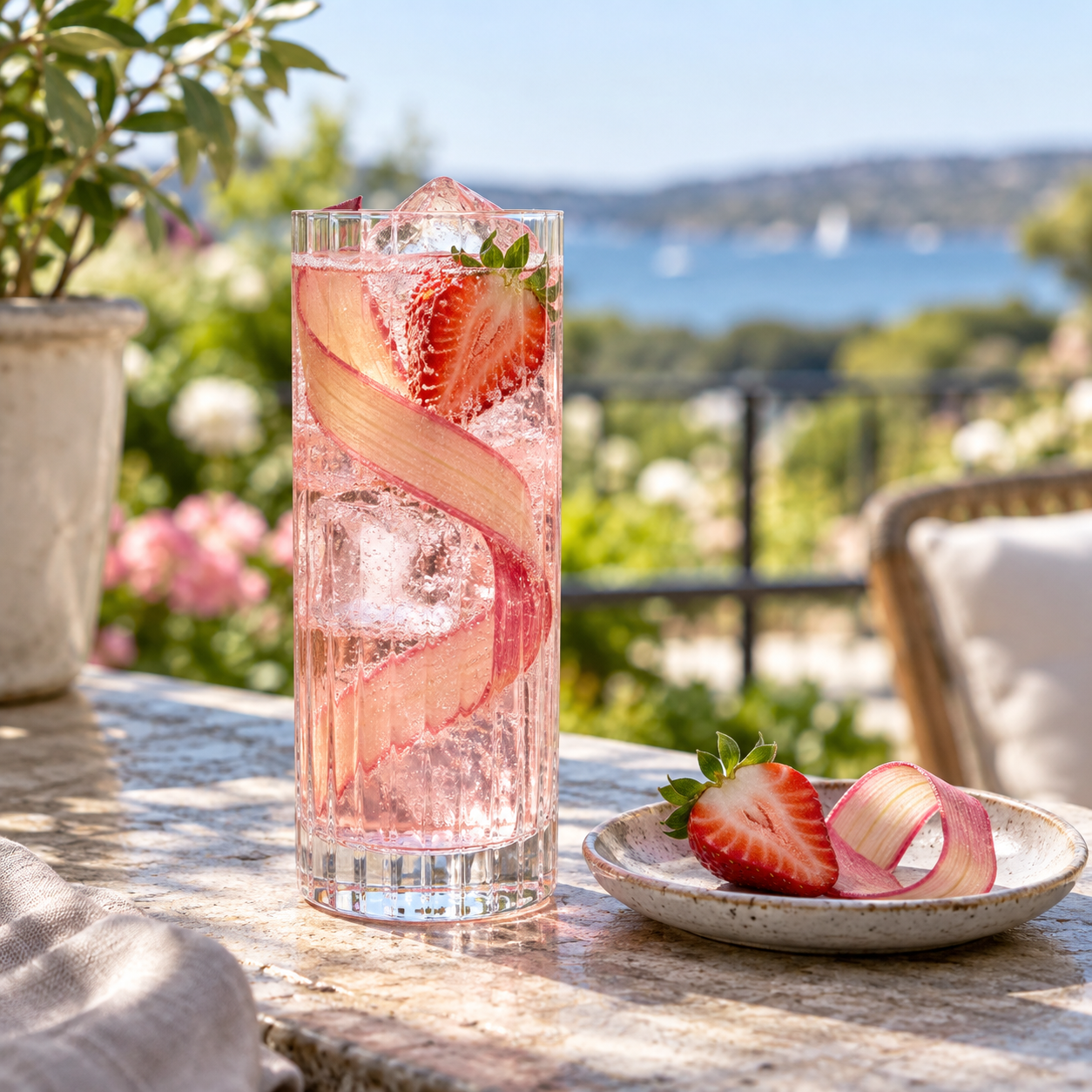 Big River Pink Gin served with Fever-Tree Aromatic Tonic Water, garnished with Rhubarb Ribbon and Strawberry