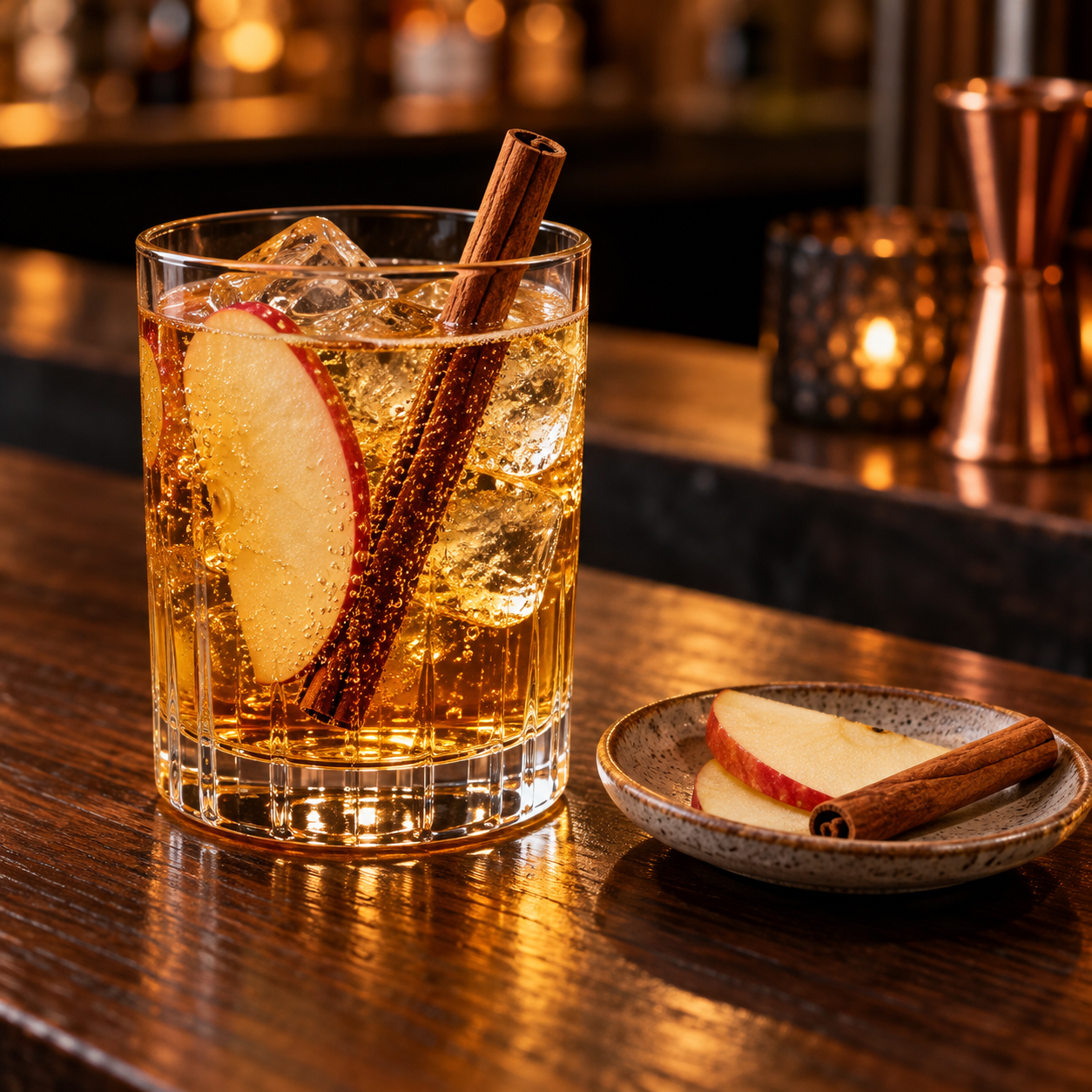 Big River Cinn Gin served with Franklin & Sons Original Ginger Ale, garnished with Apple Slice and Cinnamon Stick