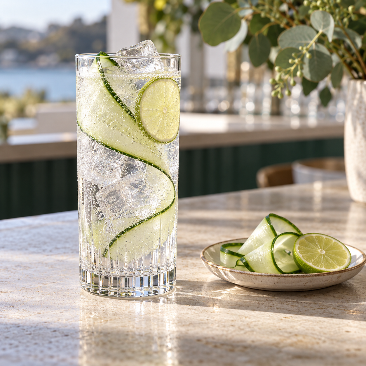 Big River Dry Gin served with Fever-Tree Mediterranean Tonic Water, garnished with Cucumber Ribbon and Lime Wheel