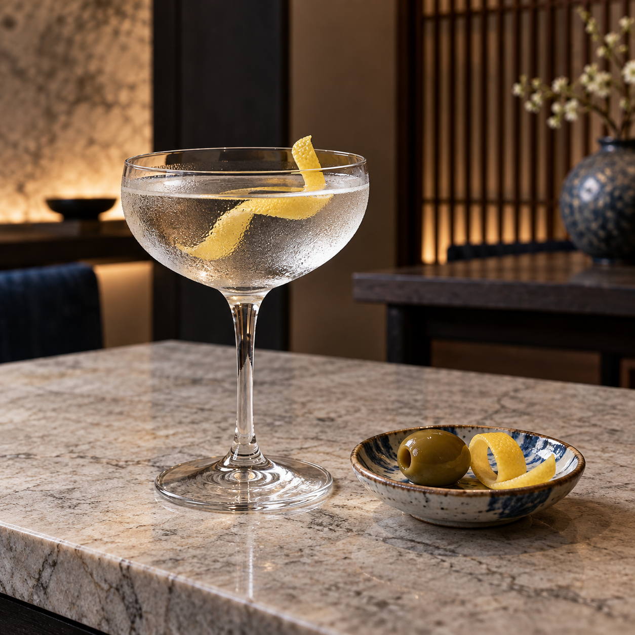 Banks & Solander Ora Gin servi, agrémenté de zeste de citron et olive verte