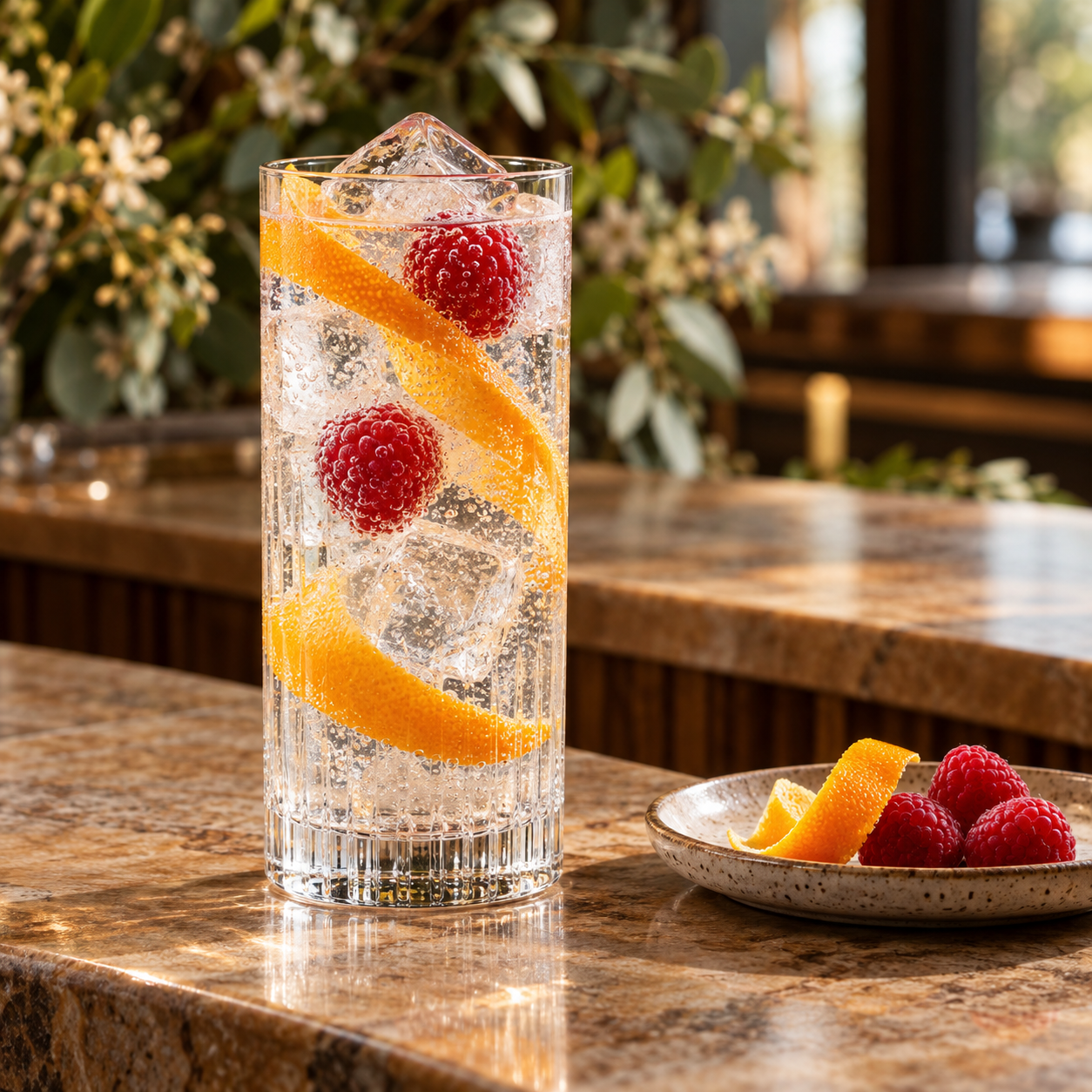 Banks & Solander Signature Gin servi avec Fever-Tree Elderflower Tonic Water, agrémenté de zeste d'orange et framboise