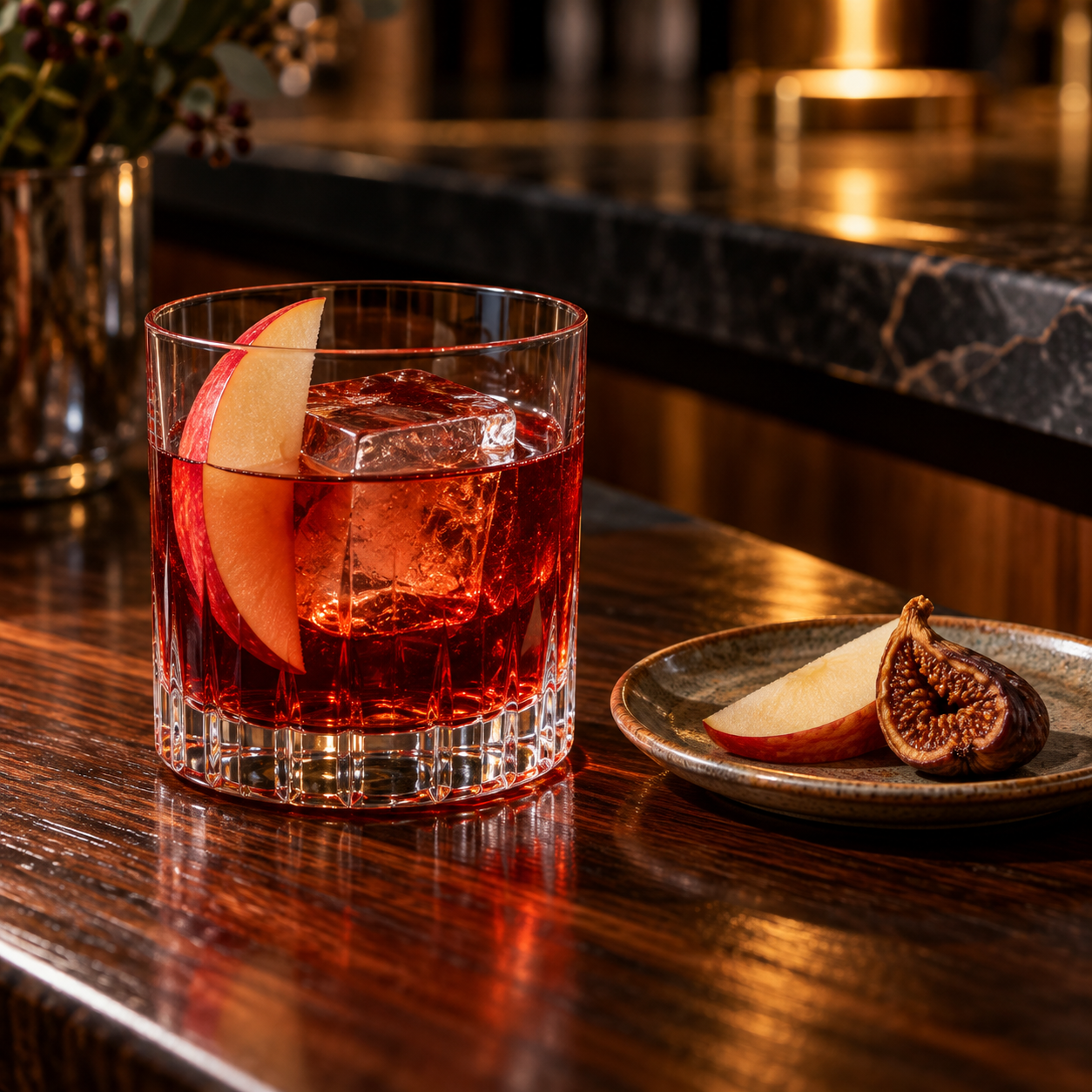Banks & Solander Fig Gin served, garnished with Apple Slice
