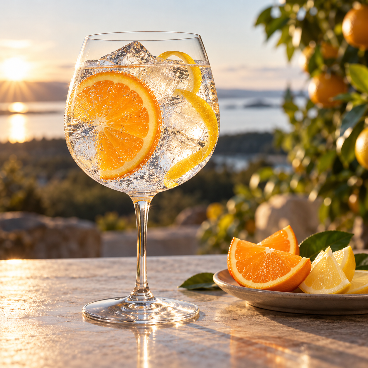 Norrbottens Destilleri Sun Gin served with Fever-Tree Mediterranean Tonic Water, garnished with Orange Wheel and Lemon Peel