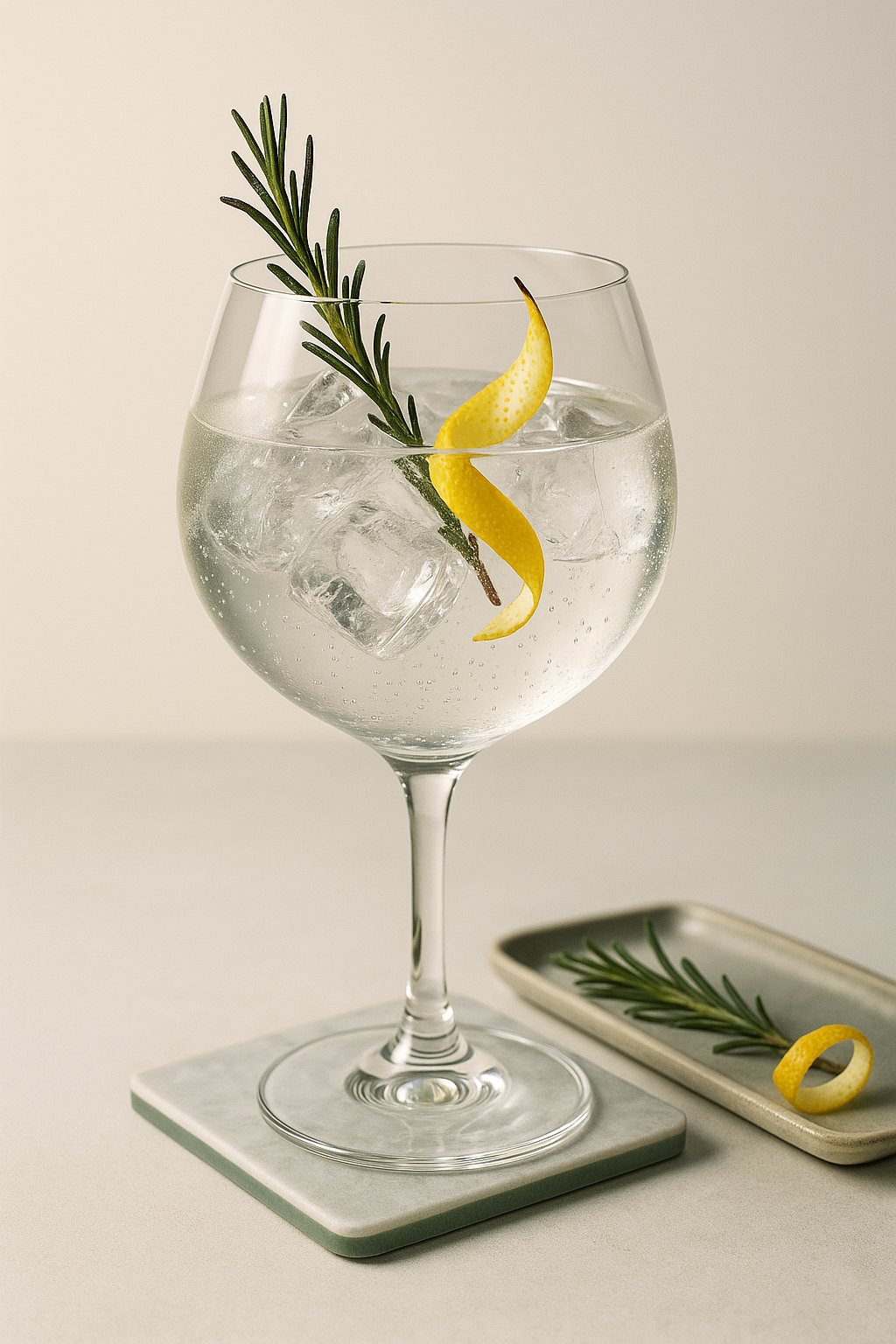 Audemus Umami Gin served with Fever-Tree Mediterranean Tonic Water, garnished with Lightly singed rosemary sprig and Thin slice of bergamot peel