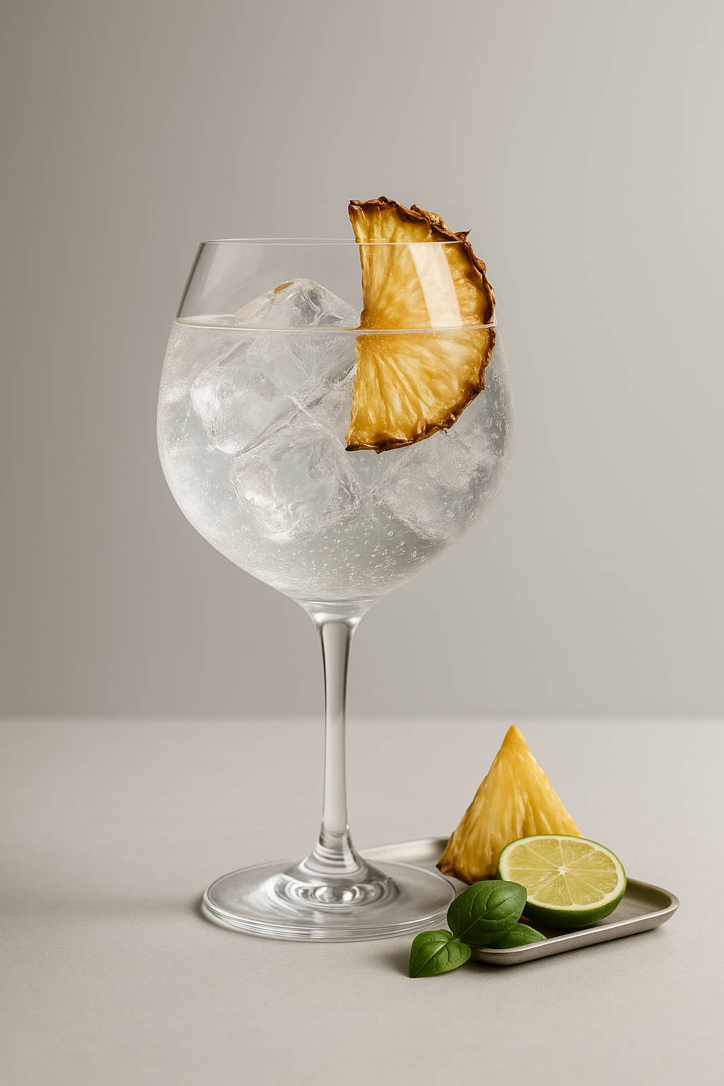 Azor 30 Edição de Autor Gin servi avec Fever-Tree Mediterranean Tonic Water, agrémenté de Thin slice of overripe pineapple