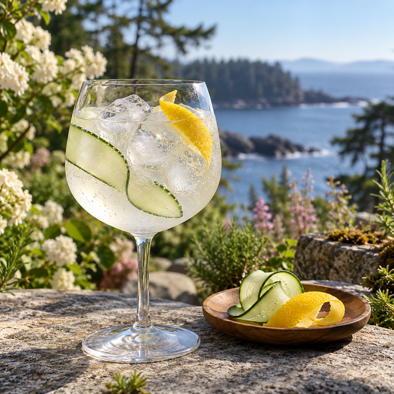 Wayward BC Craft Gin served with Barker & Quin Finest Indian Tonic Water, garnished with Cucumber Ribbon and Lemon twist