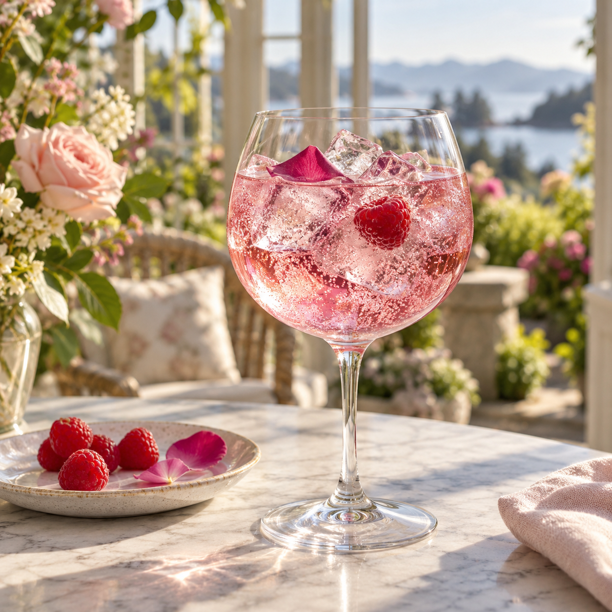 Tofino Rose Hibiscus Gin served with Lamb & Watt Hibiscus Tonic Water, garnished with Edible Rose Petal and Fresh raspberry