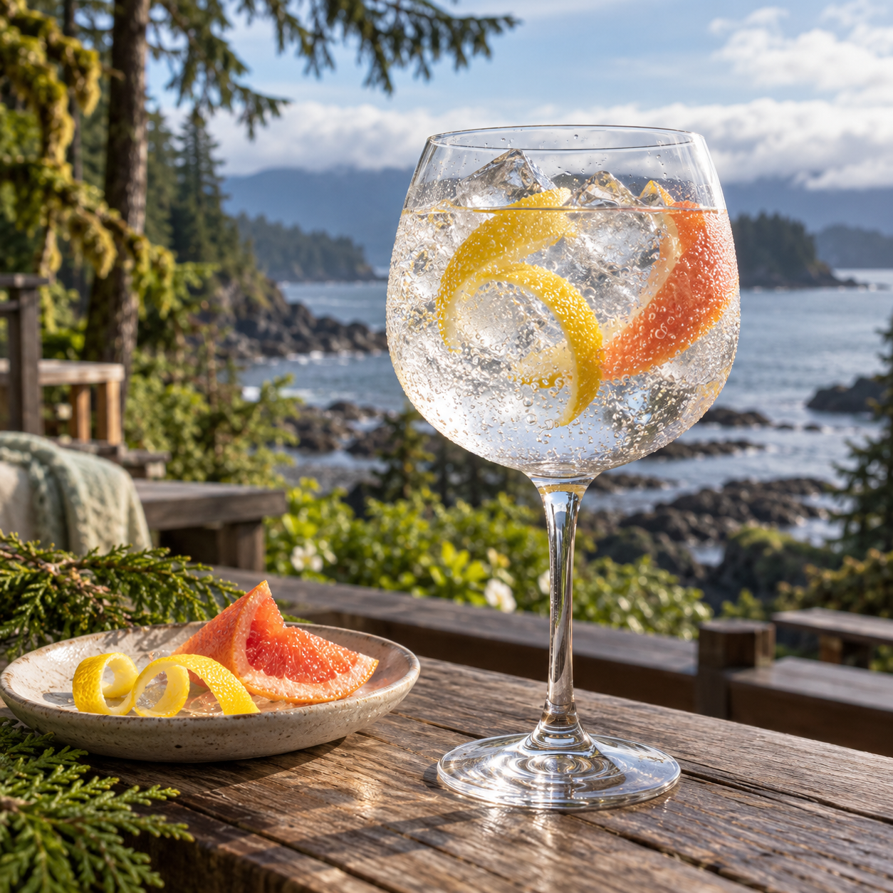 Tofino West Coast Gin served with Fentimans Connoisseurs Tonic Water, garnished with Lemon twist and Fresh Rosemary Sprig