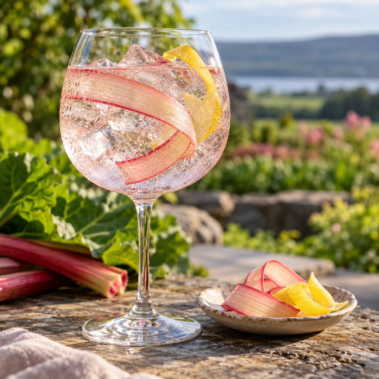 Tide Rhubarb Gin served with Thomas Henry Elderflower Tonic, garnished with Rhubarb Ribbon and Lemon twist