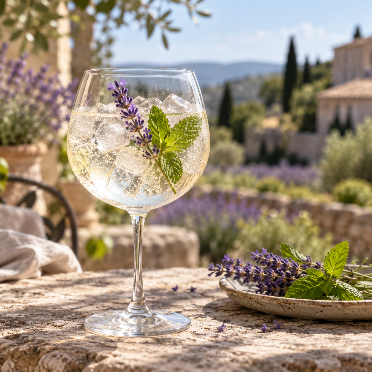 Tofino Lavender Mint Gin served with Schweppes Premium Mixer Orange Blossom & Lavender Tonic, garnished with Fresh Lavender Sprig and Fresh Mint Leaf