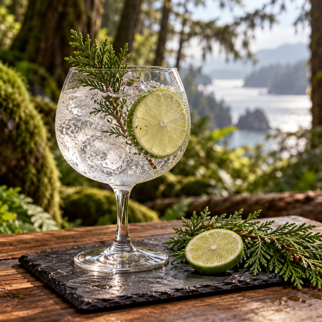 Tofino Old Growth Cedar Gin served with Franklin & Sons Mediterranean Tonic Water, garnished with Fresh Lime Twist and Short fresh rosemary sprig