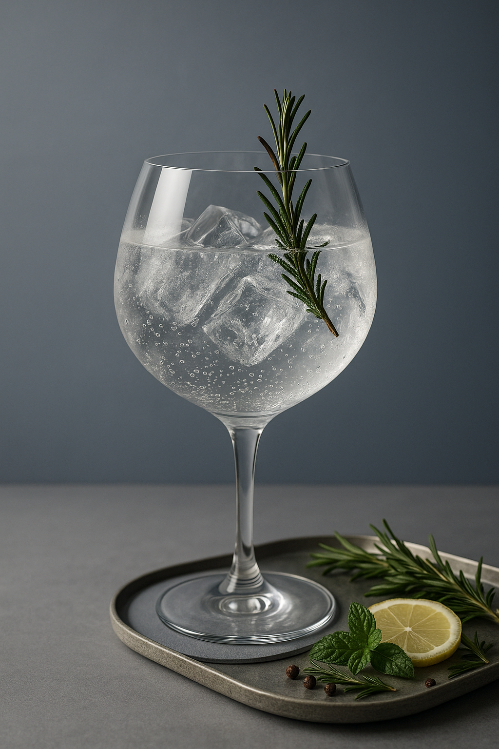 Balancal Fennel Gin served with Fever-Tree Mediterranean Tonic Water, garnished with lightly singed rosemary sprig